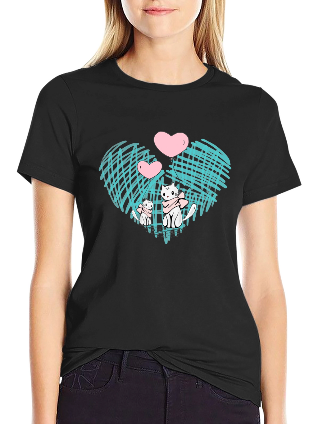 Cute Cats Heart Graphic Black Tee