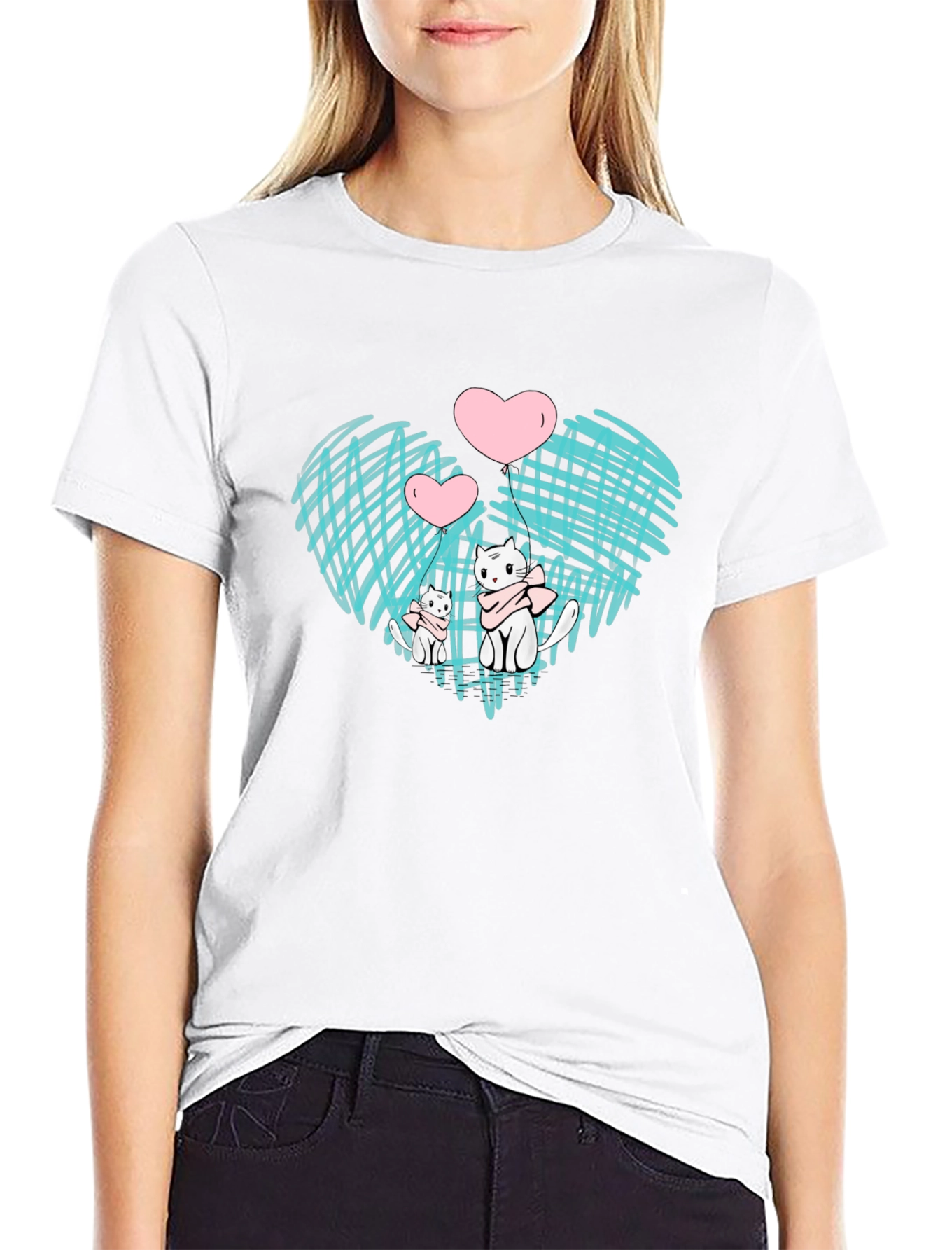 Cute Cats Heart Graphic Black Tee