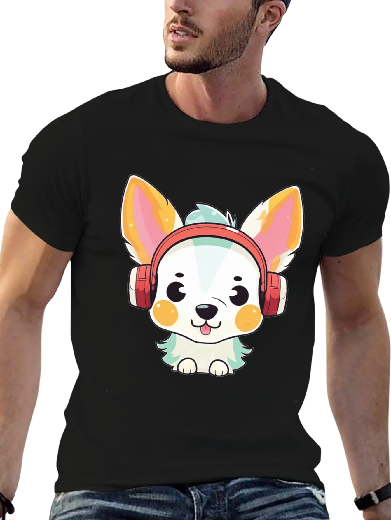 Cute Cartoon Dog with Headphones Graphic Tee