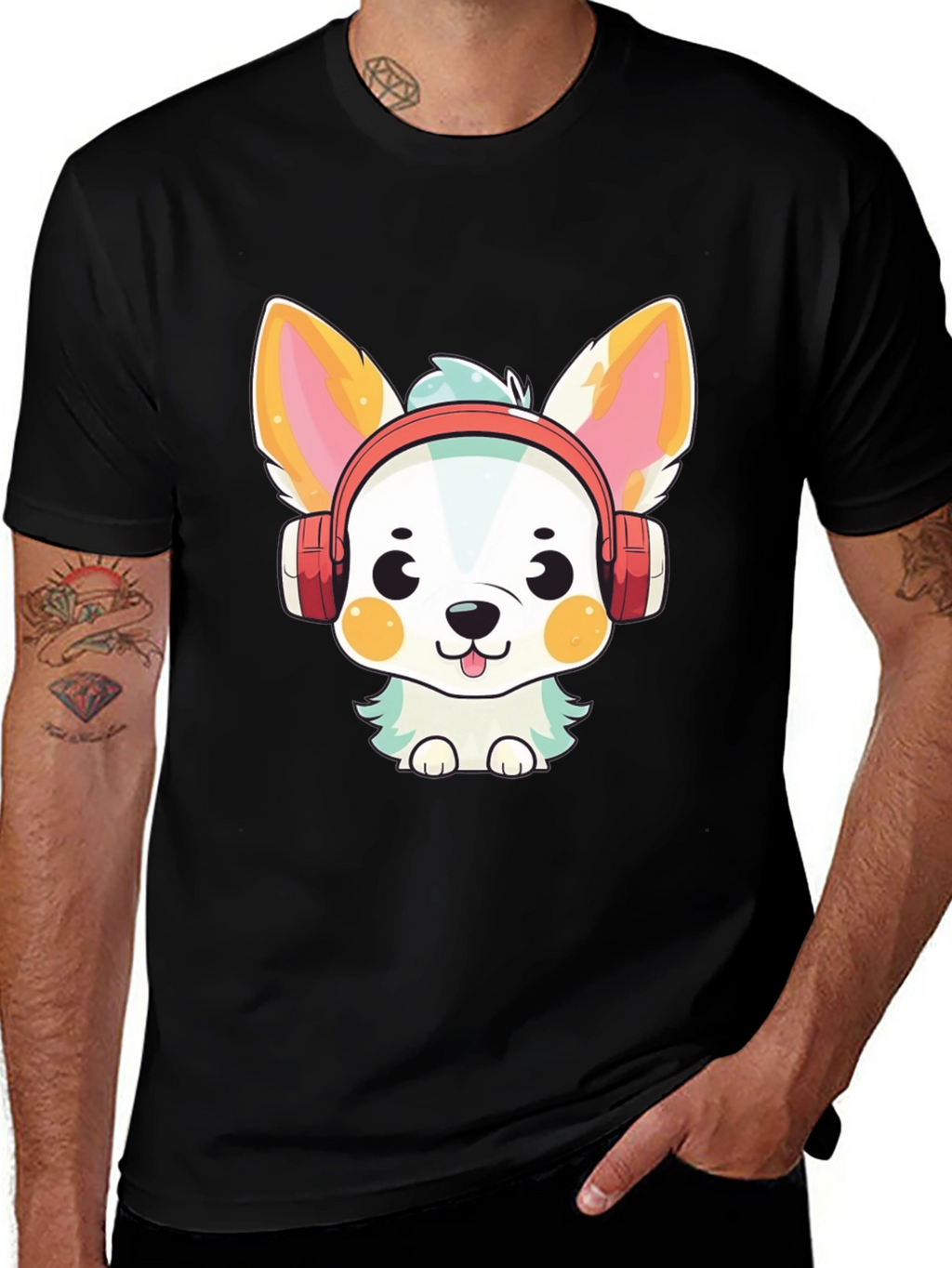 Cute Cartoon Dog with Headphones Graphic Tee