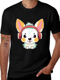 Cute Cartoon Dog with Headphones Graphic Tee