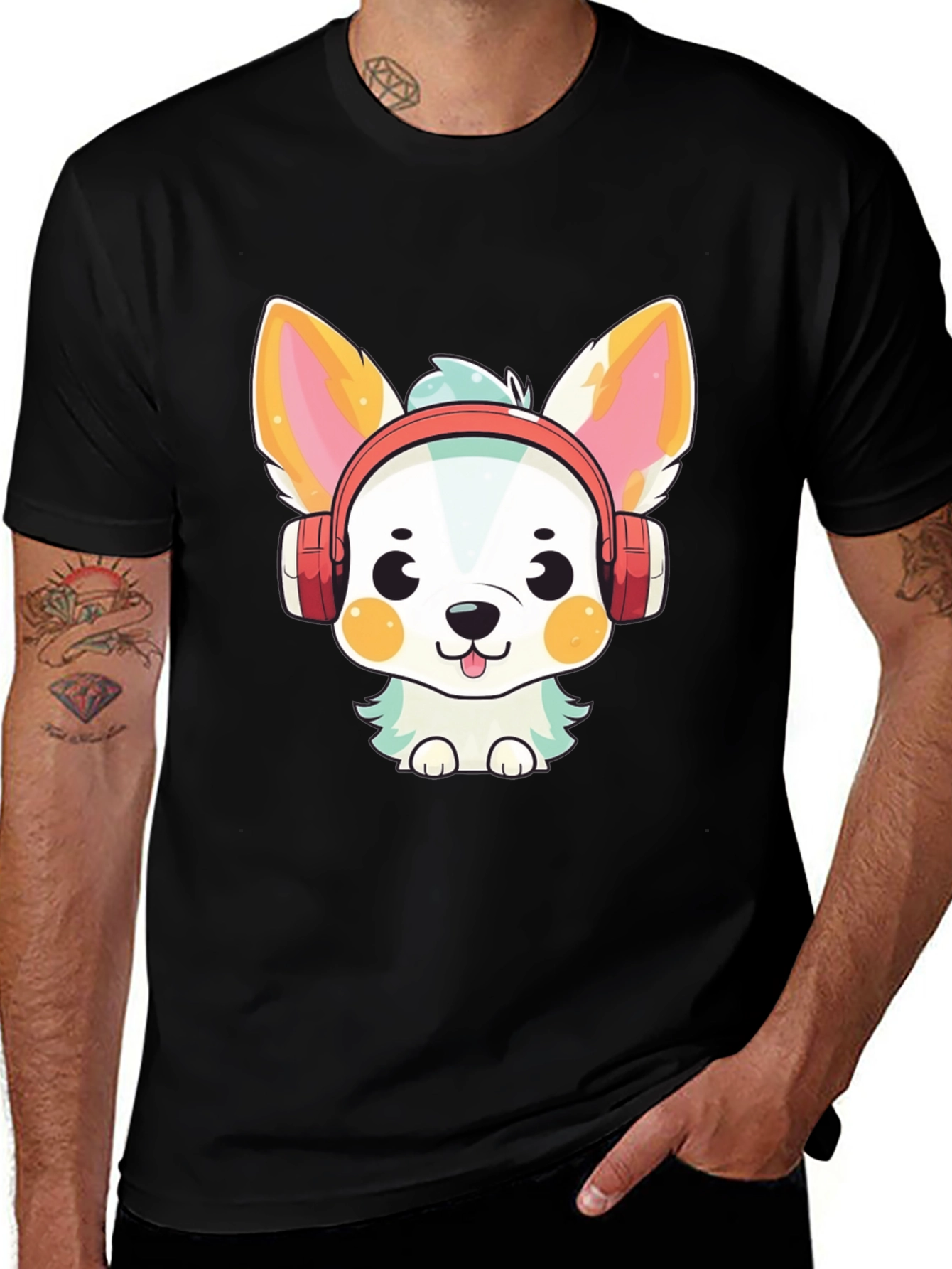 Cute Cartoon Dog with Headphones Graphic Tee