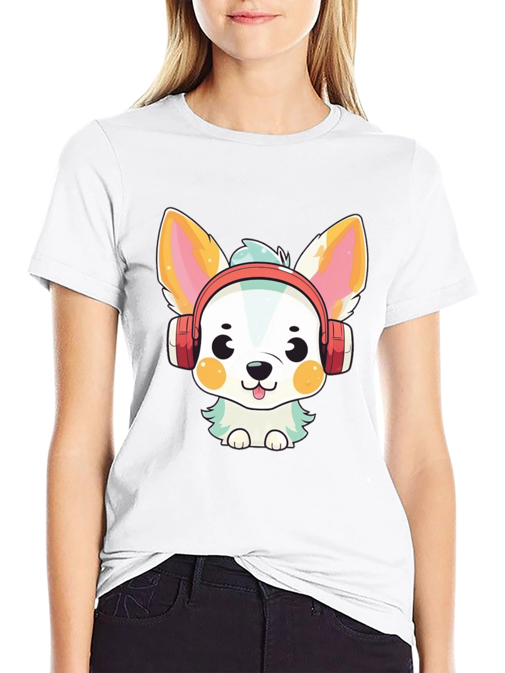Cute Cartoon Dog with Headphones Graphic Tee