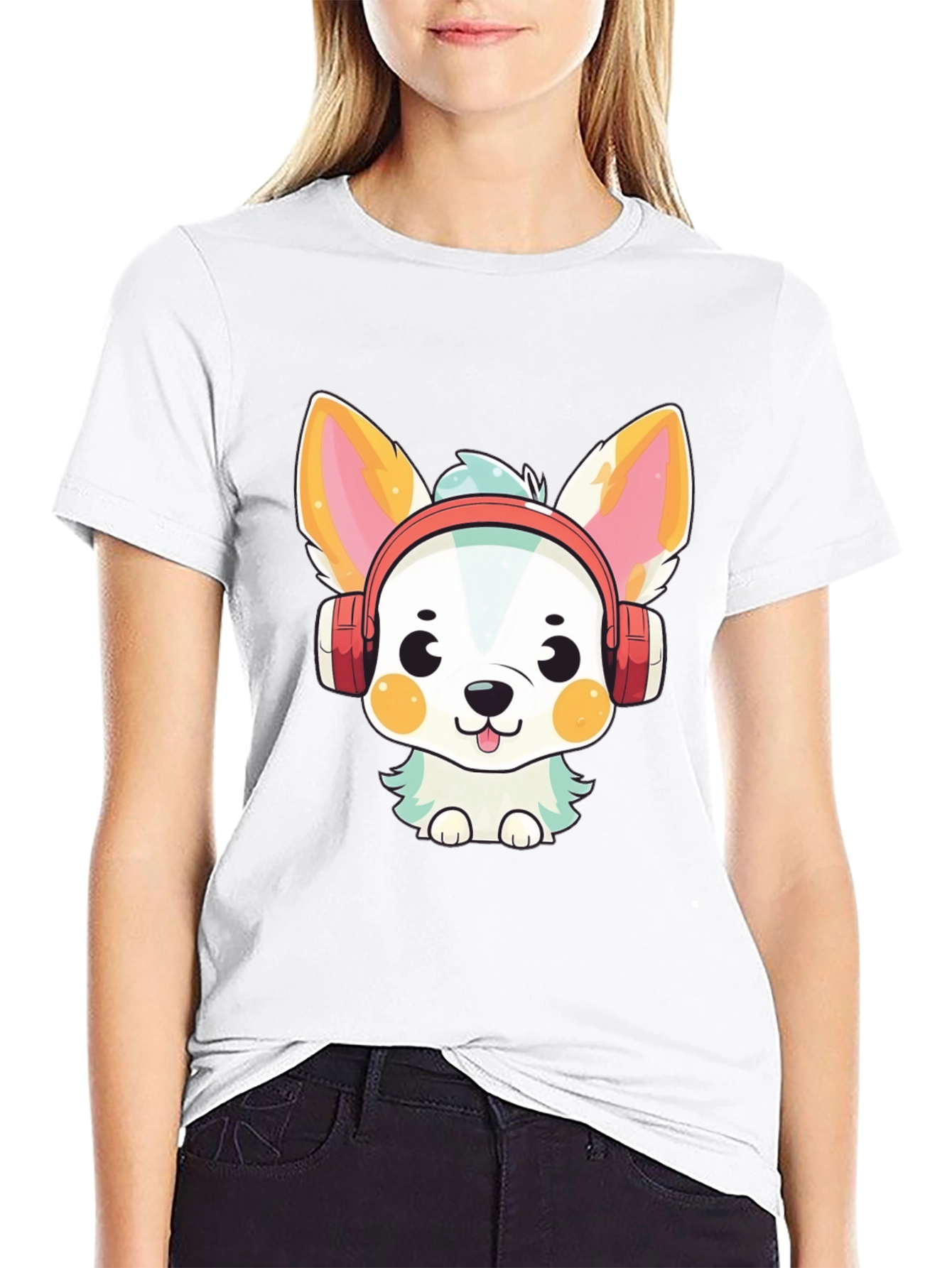 Cute Cartoon Dog with Headphones Graphic Tee