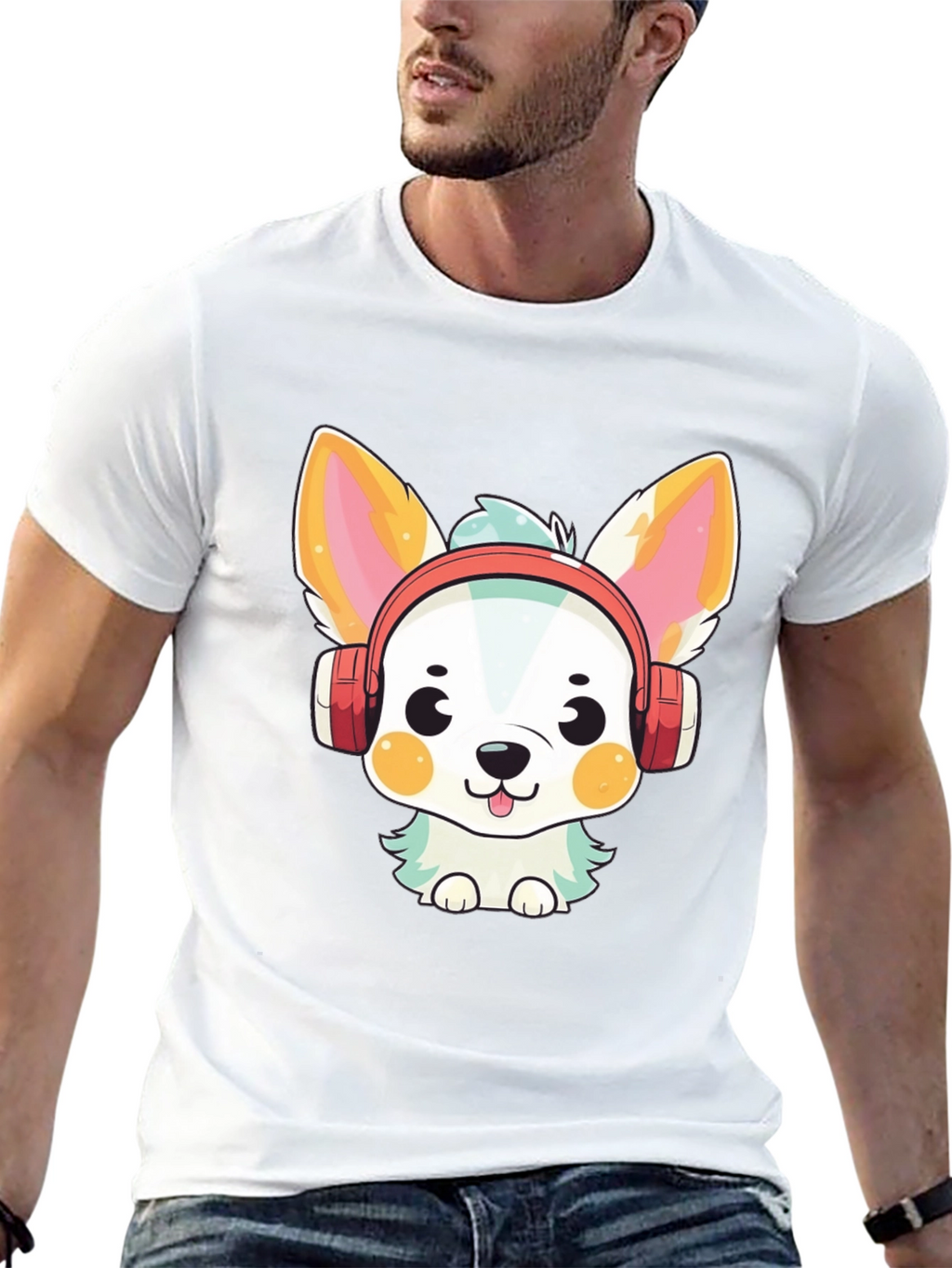 Cute Cartoon Dog with Headphones Graphic Tee