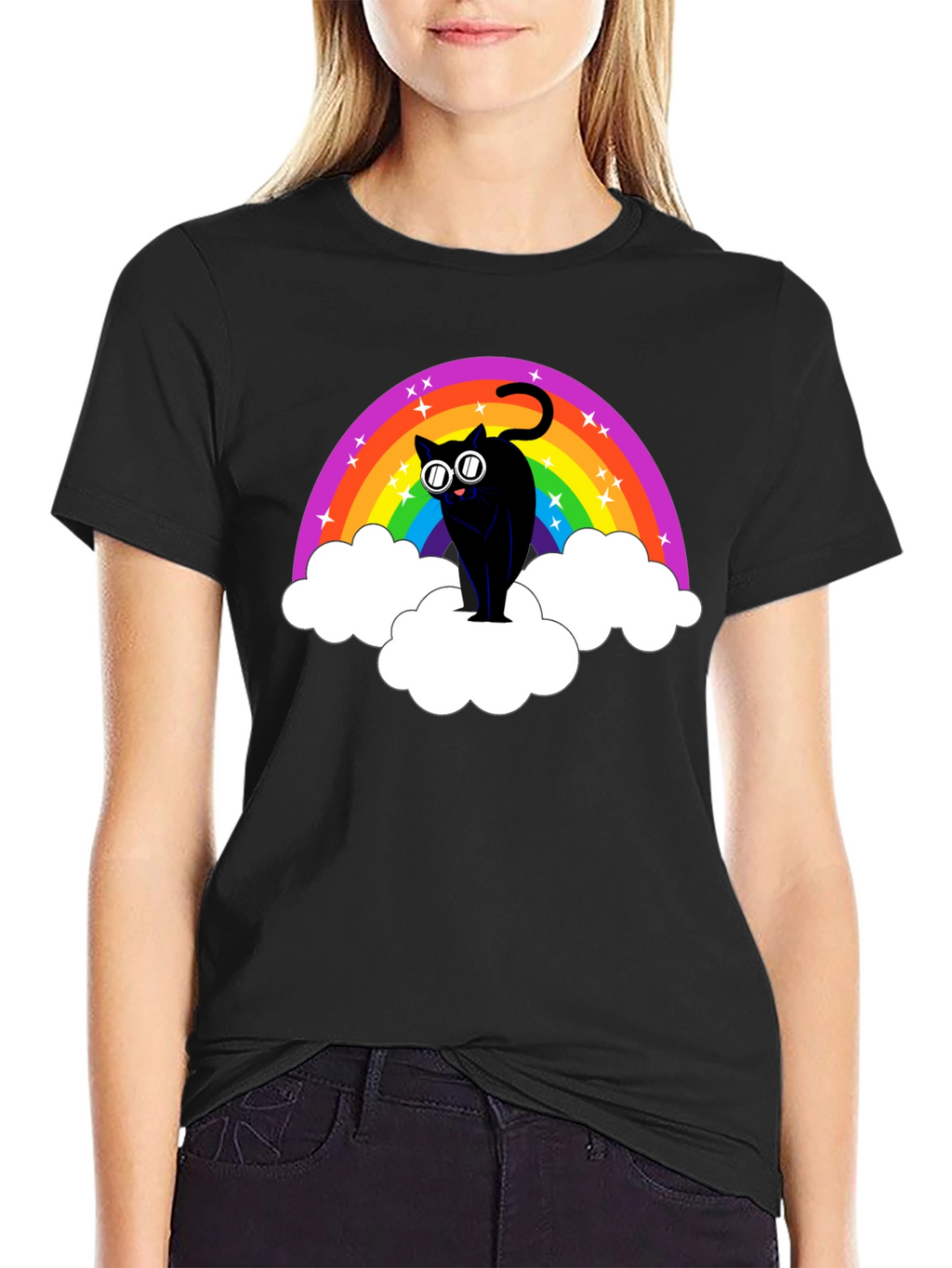 Rainbow Cat T-Shirt - Black Cotton Tee