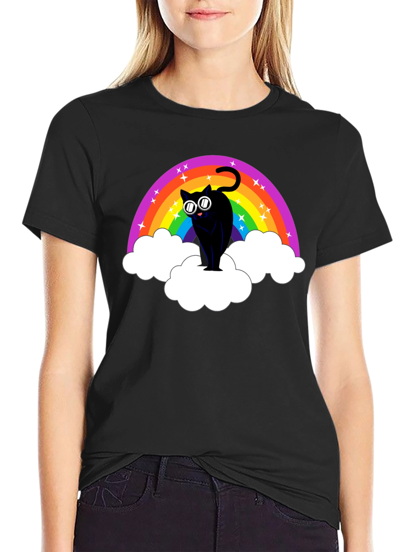 Rainbow Cat T-Shirt - Black Cotton Tee