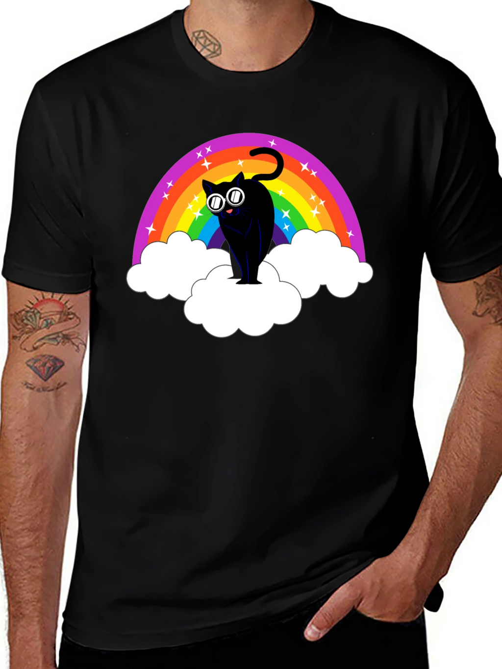 Rainbow Cat T-Shirt - Black Cotton Tee