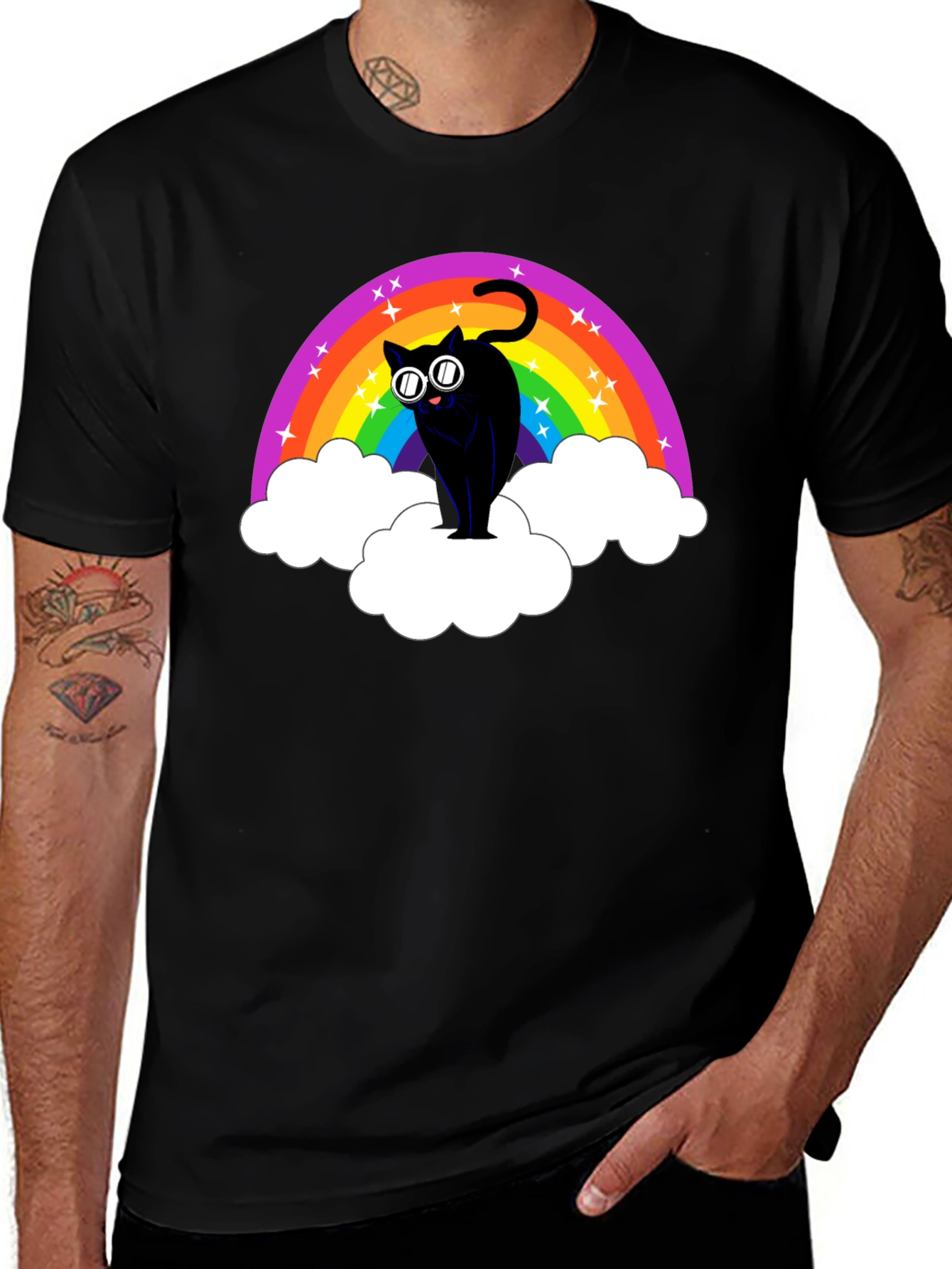Rainbow Cat T-Shirt - Black Cotton Tee