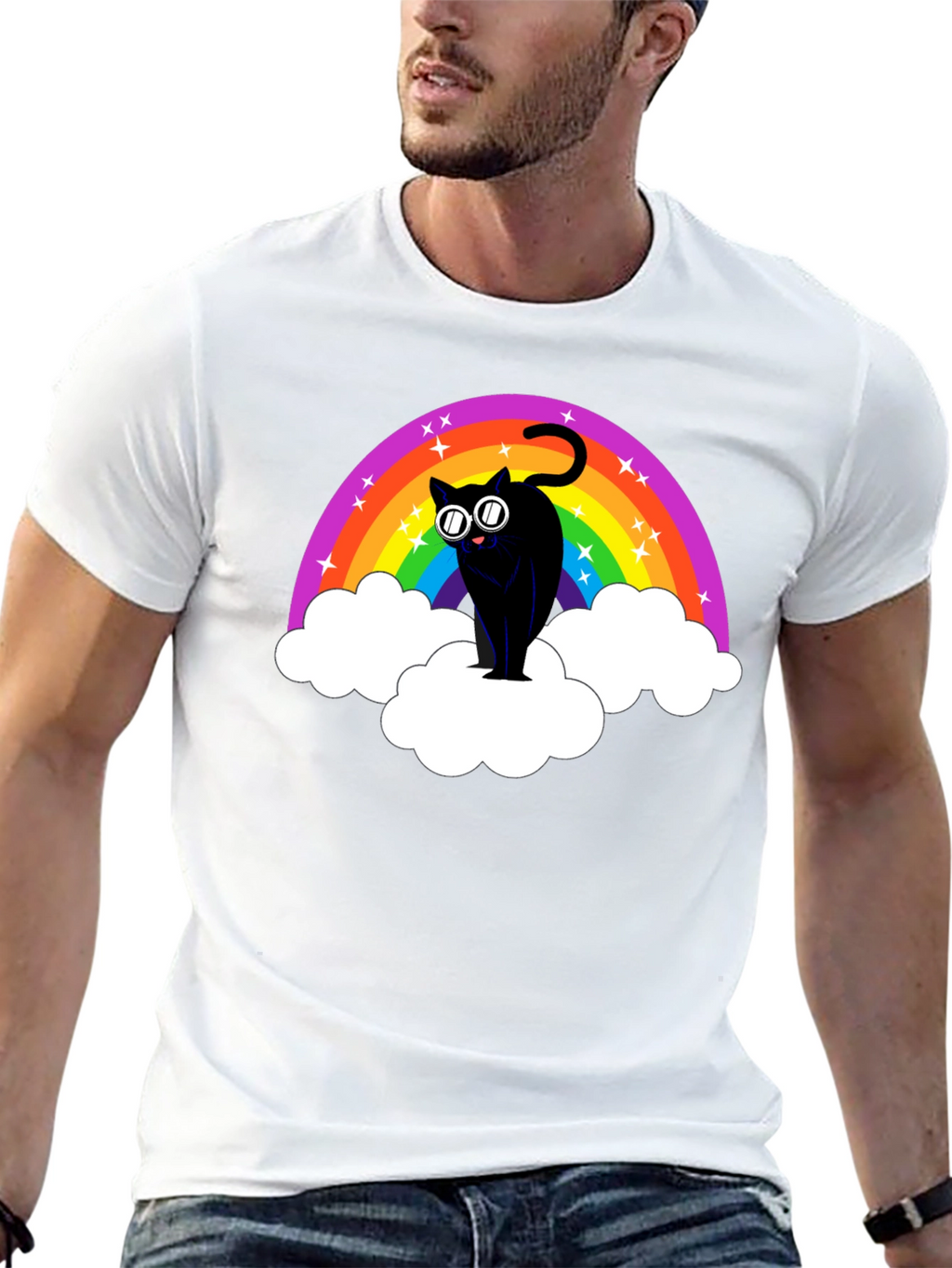 Rainbow Cat T-Shirt - Black Cotton Tee