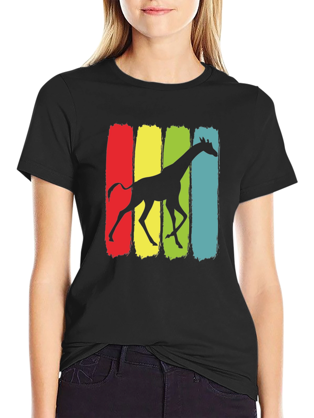 Giraffe Silhouette Graphic Print Black T-Shirt