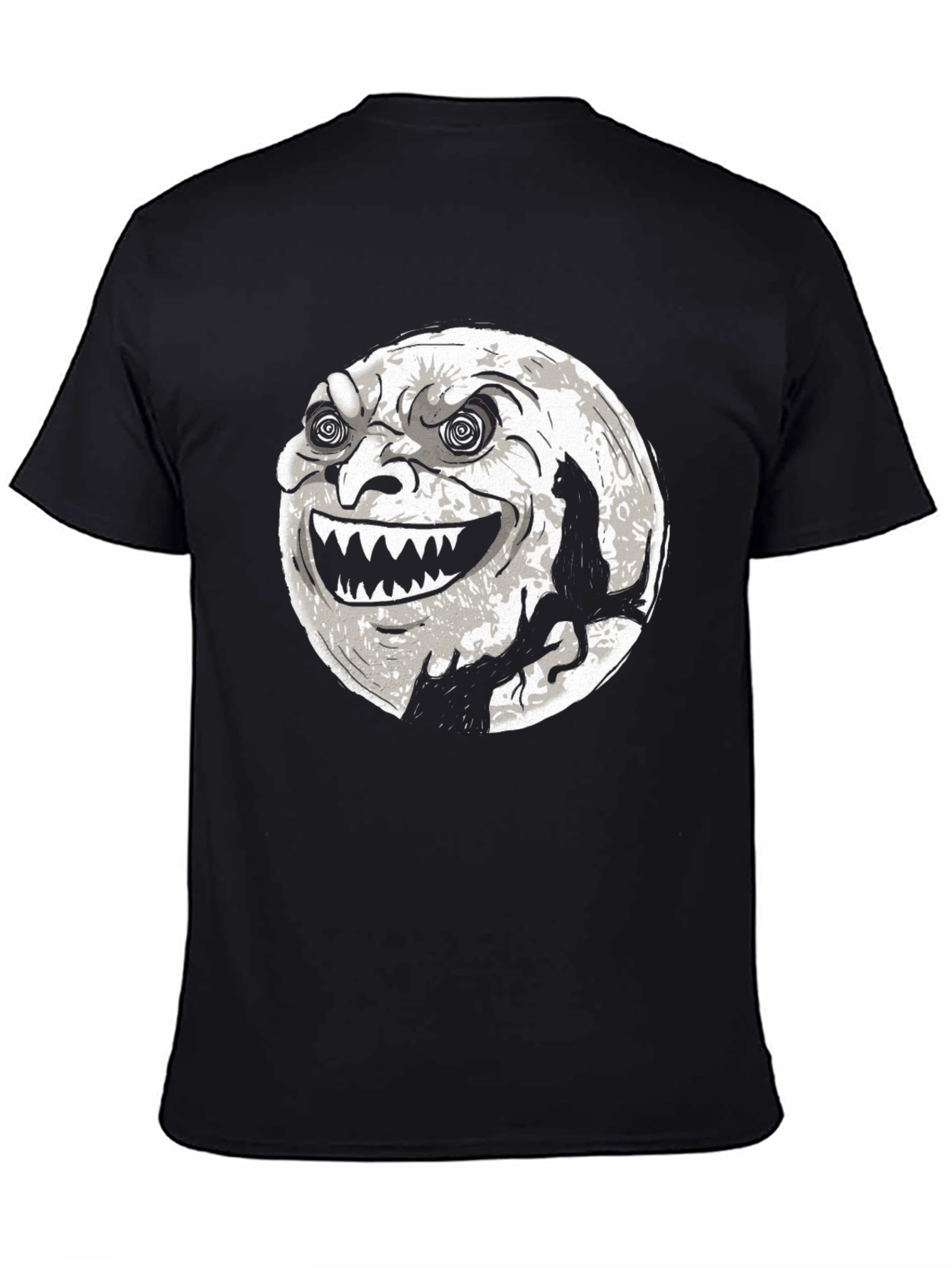 Spooky Moon Face Cat Black Tee