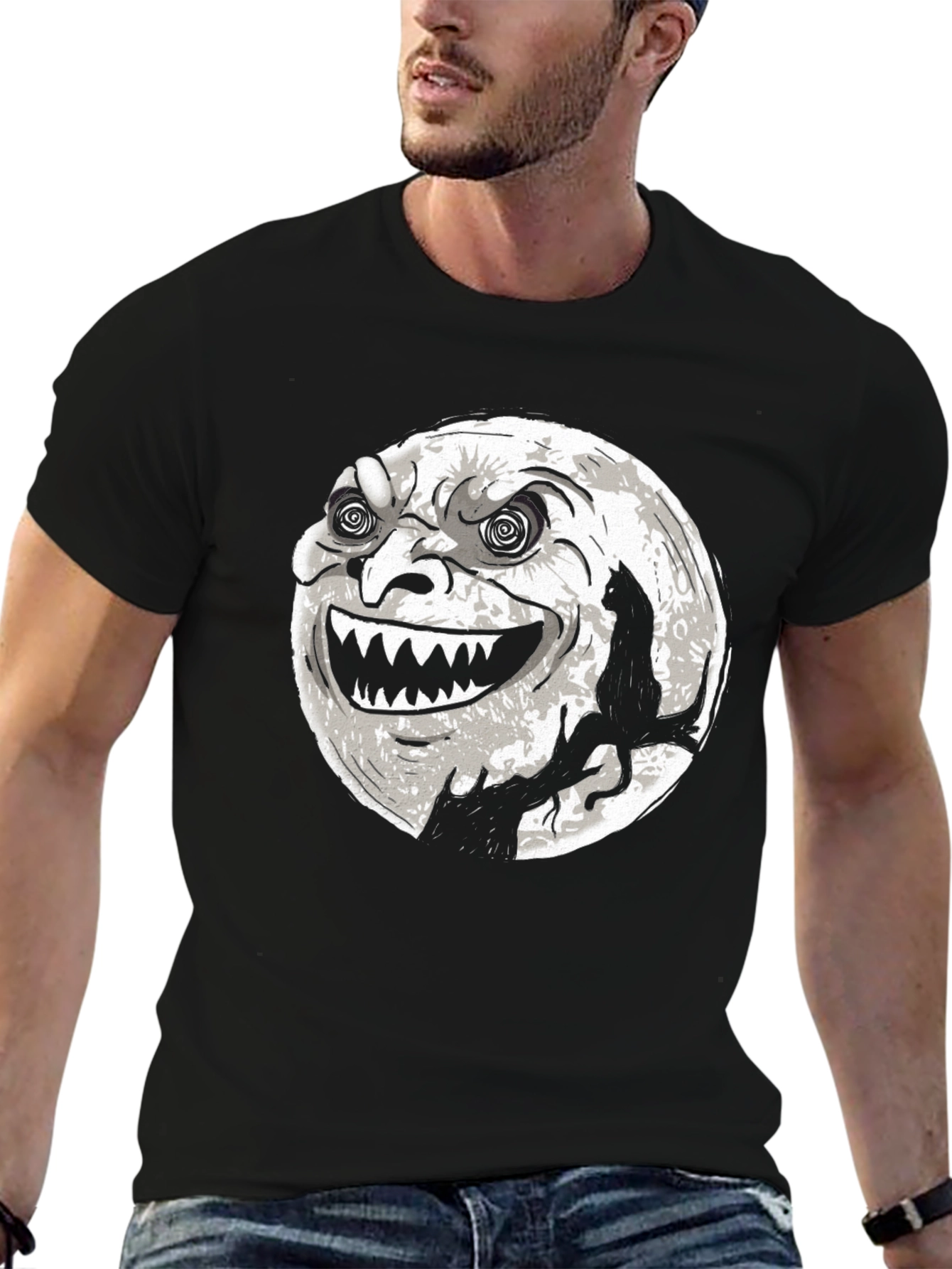 Spooky Moon Face Cat Black Tee