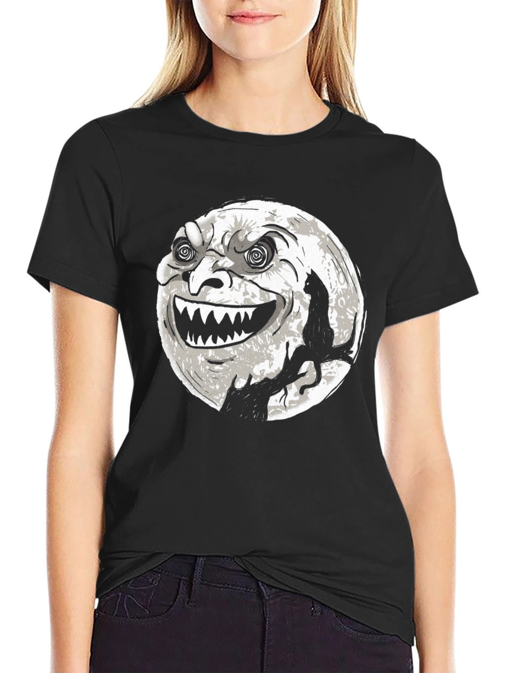 Spooky Moon Face Cat Black Tee