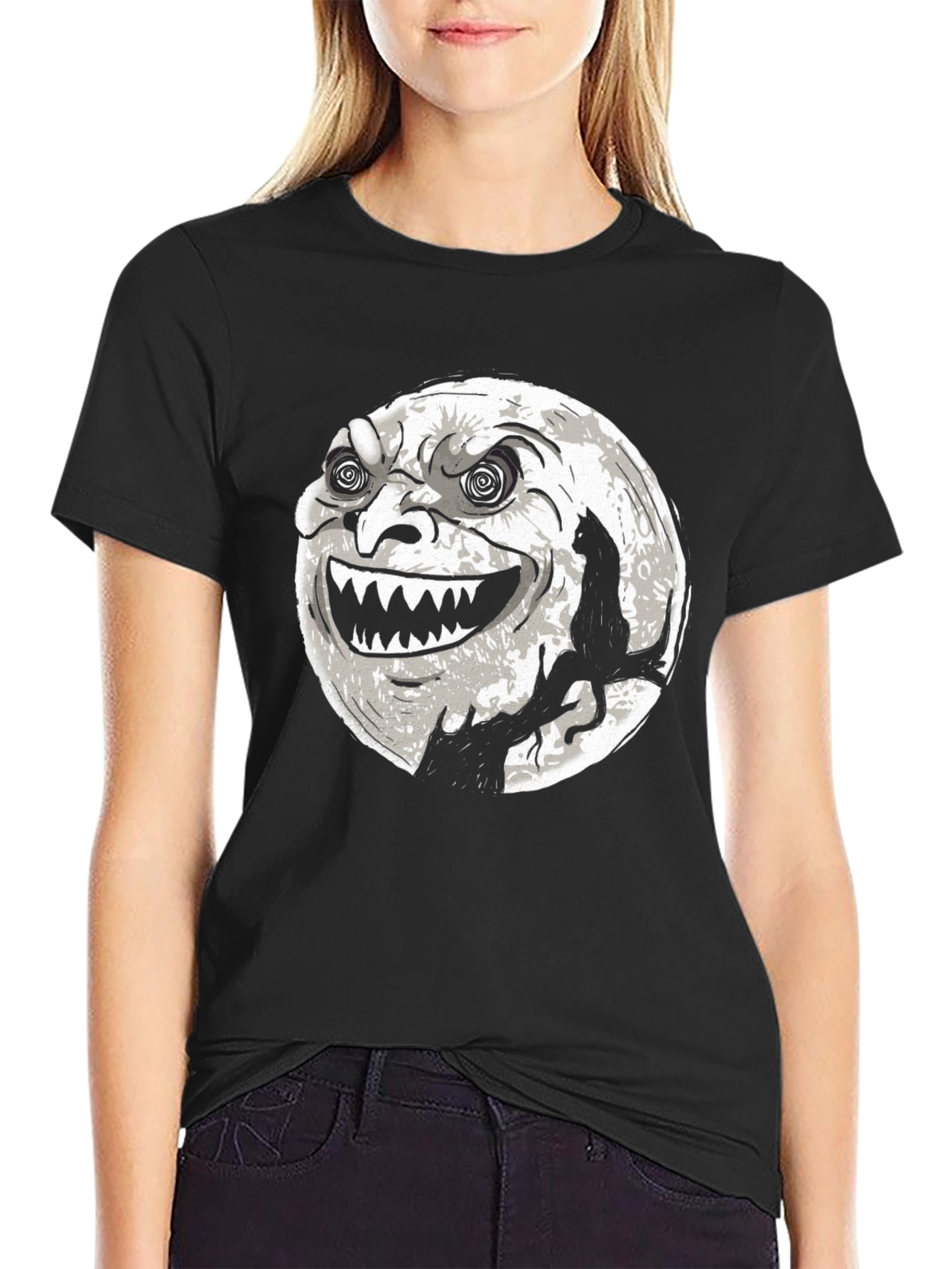 Spooky Moon Face Cat Black Tee