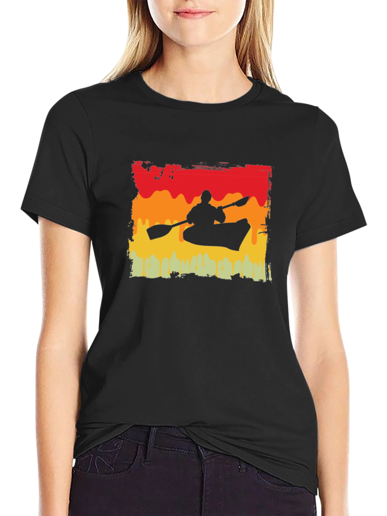 Kayak Silhouette T-Shirt - Retro Sunset Design