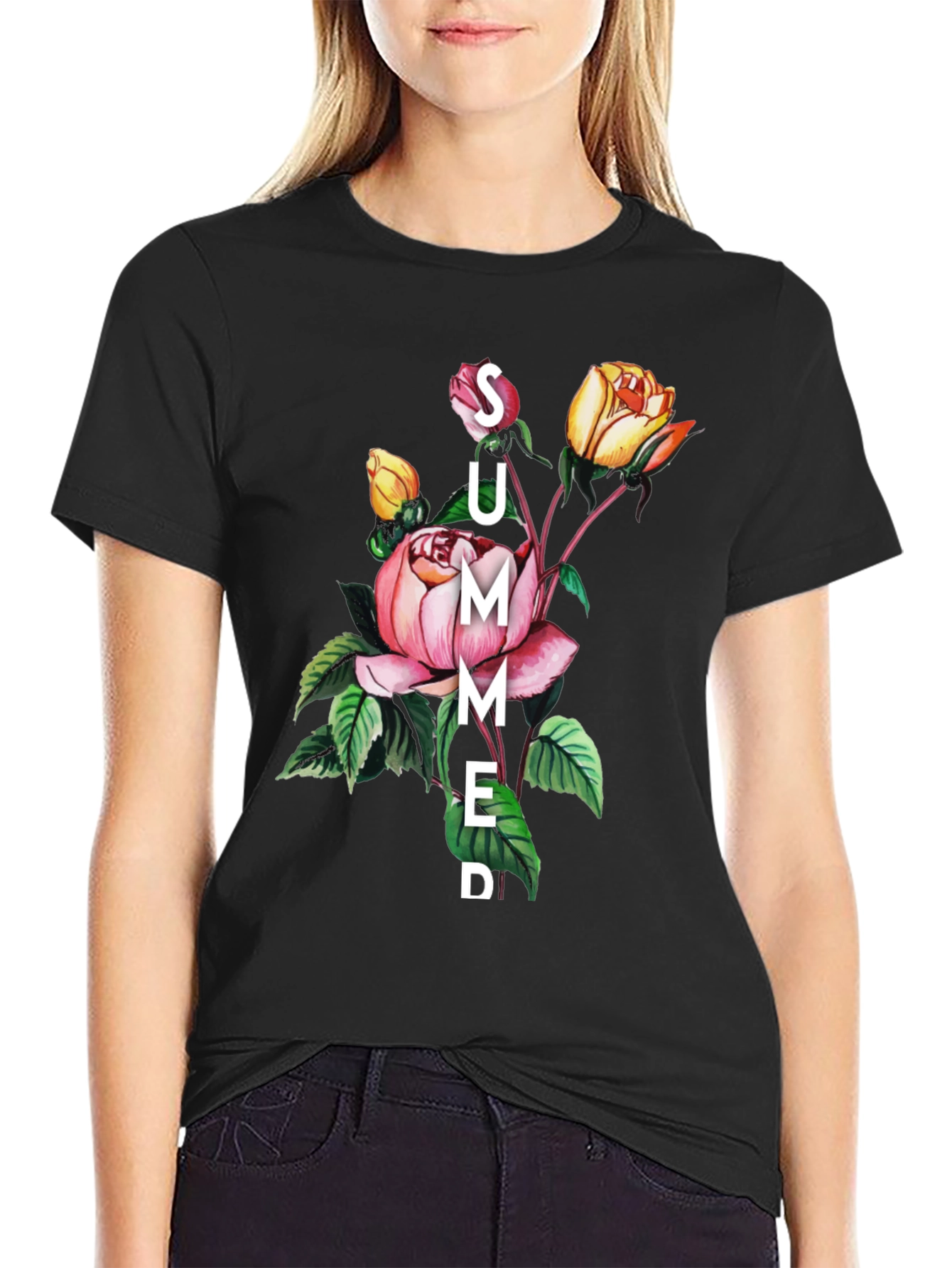 Summer Floral Graphic Black T-Shirt