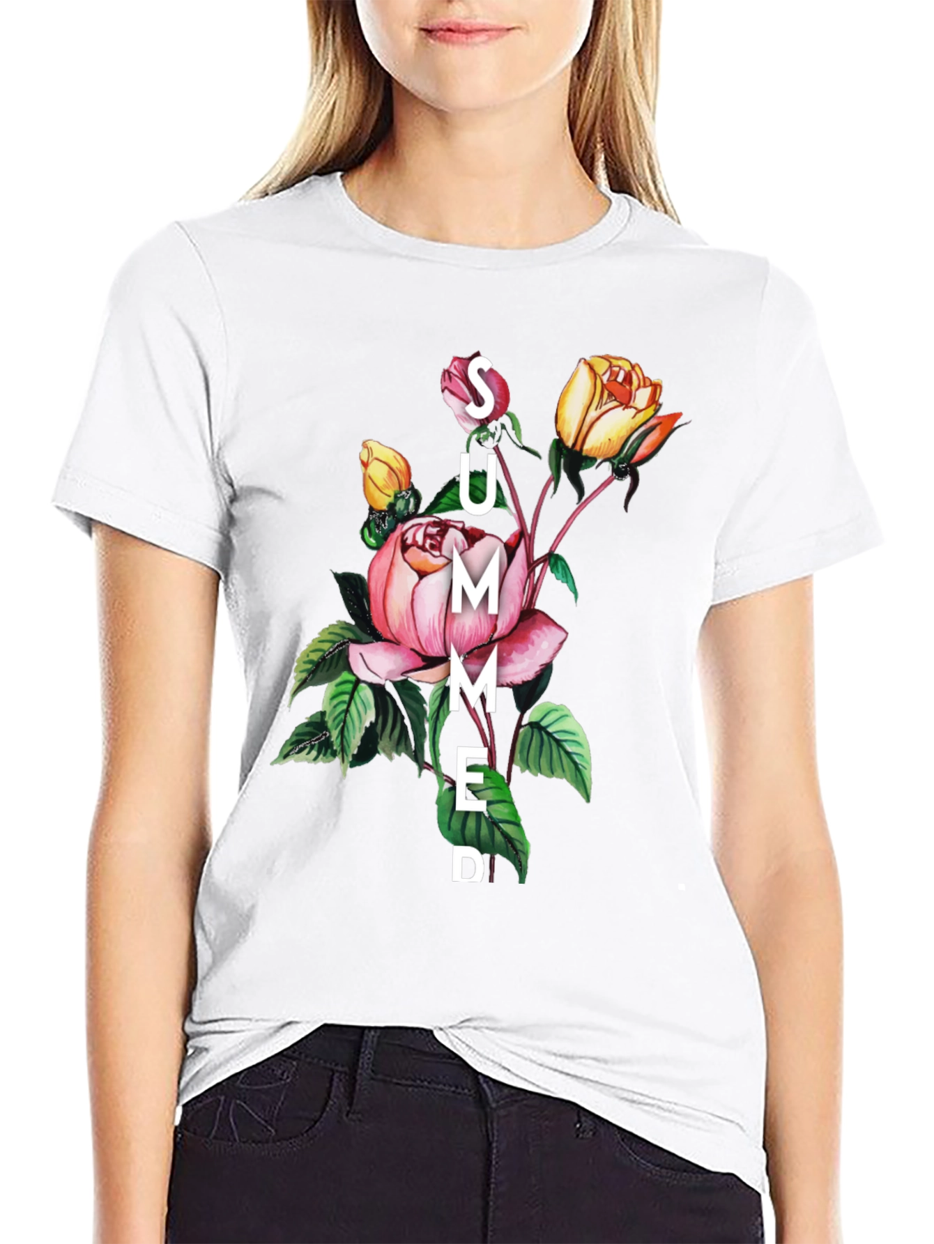 Summer Floral Graphic Black T-Shirt