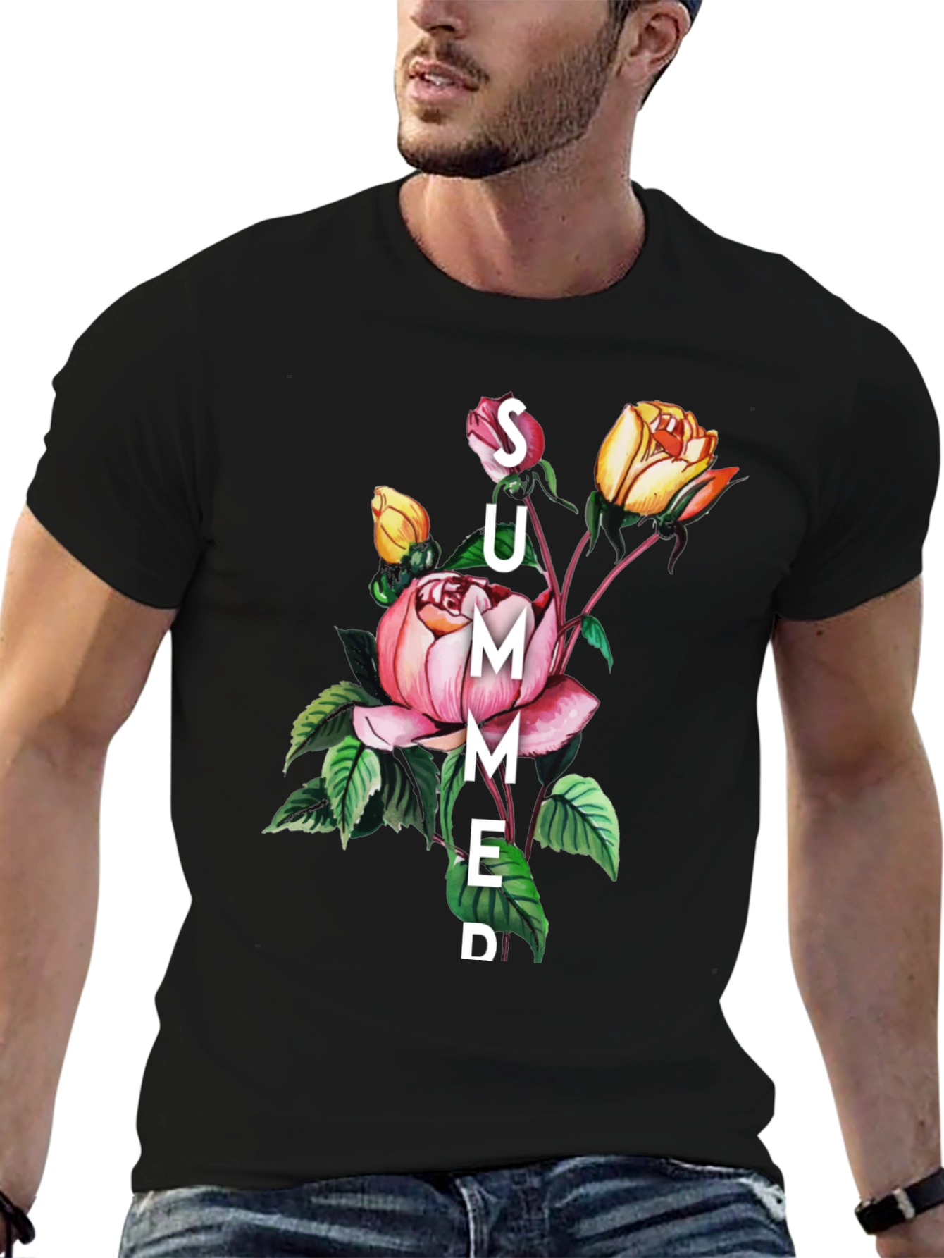 Summer Floral Graphic Black T-Shirt