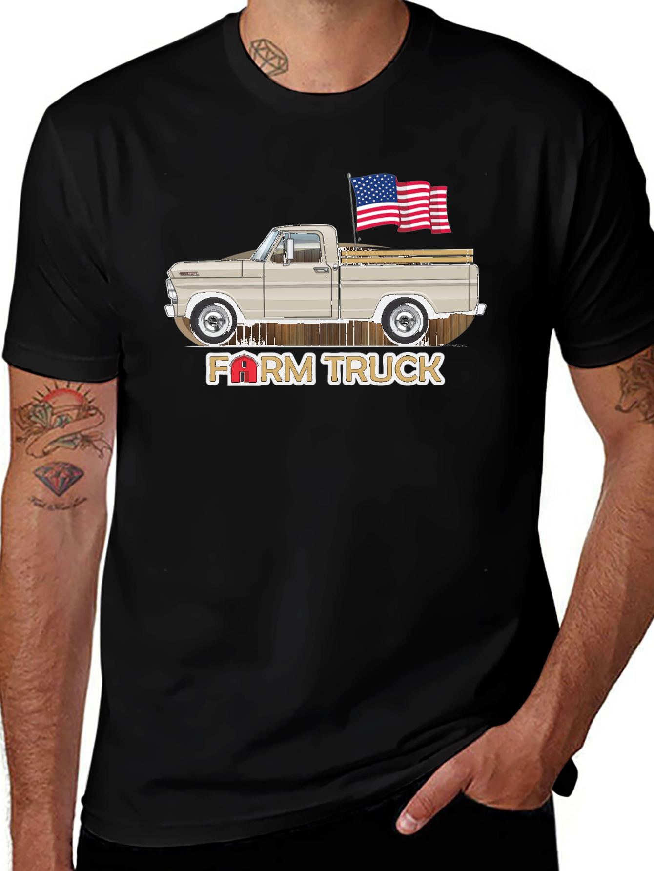 Farm Truck T-Shirt - American Flag - Vintage Pickup Design