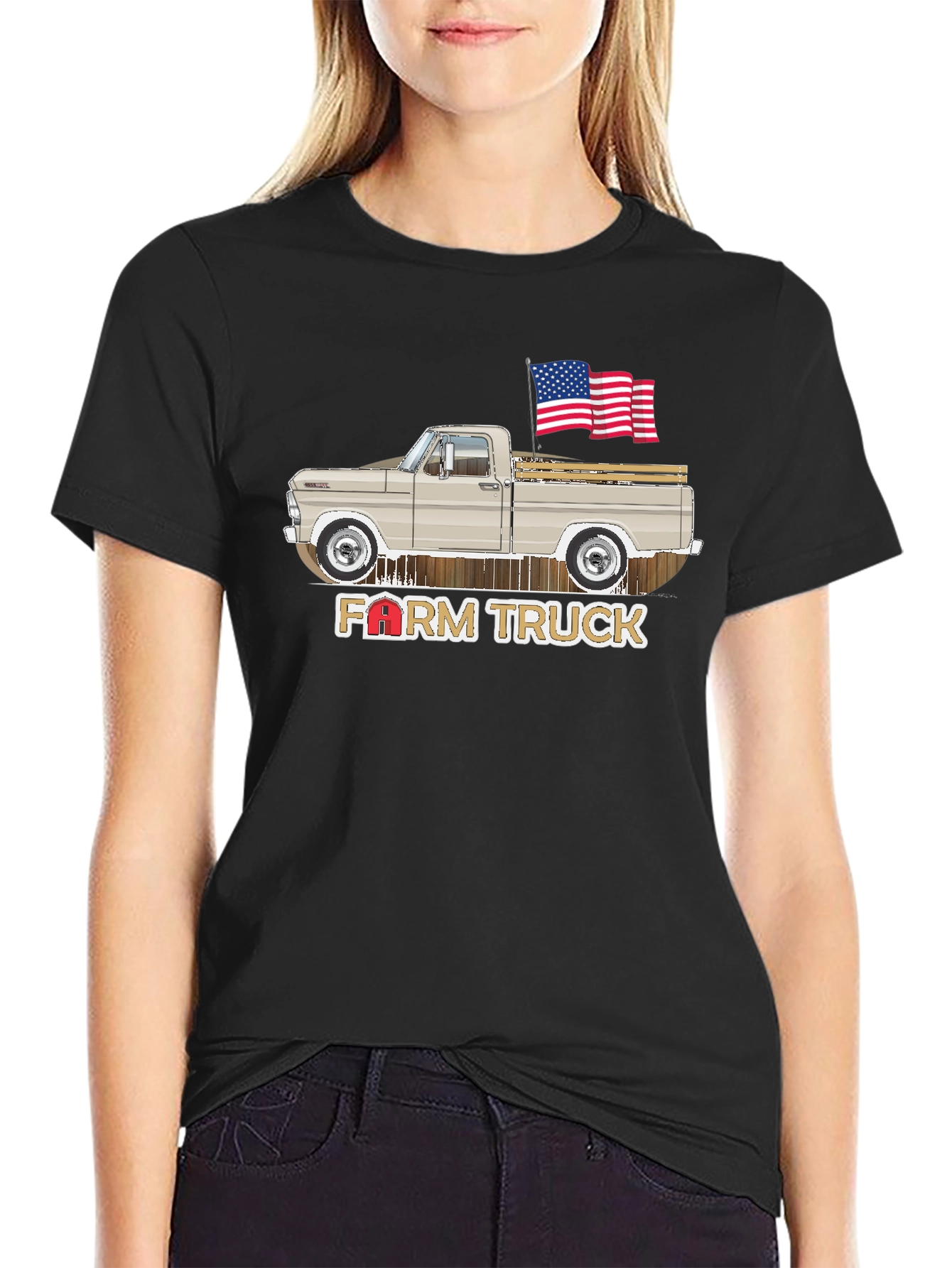 Farm Truck T-Shirt - American Flag - Vintage Pickup Design