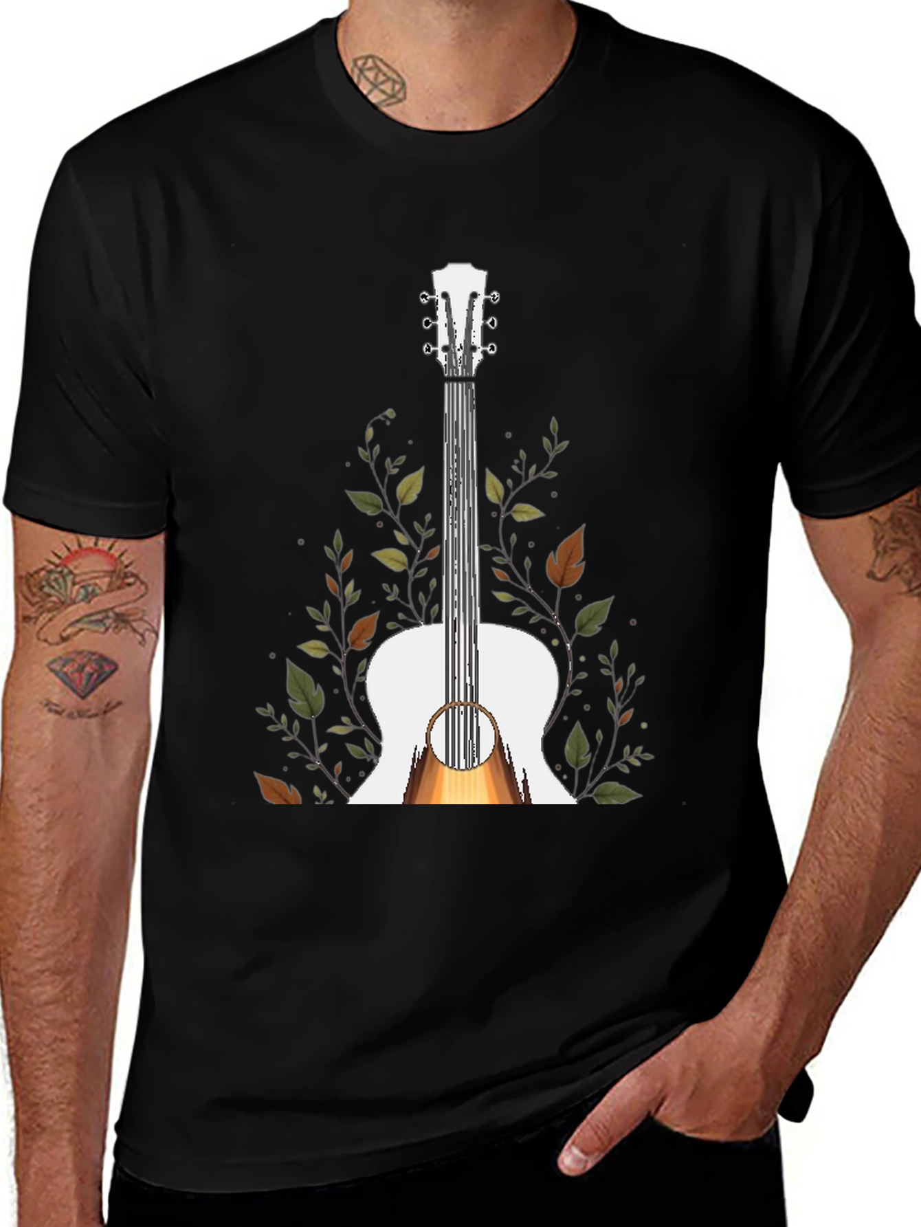 Guitar & Foliage Graphic T-Shirt - Black