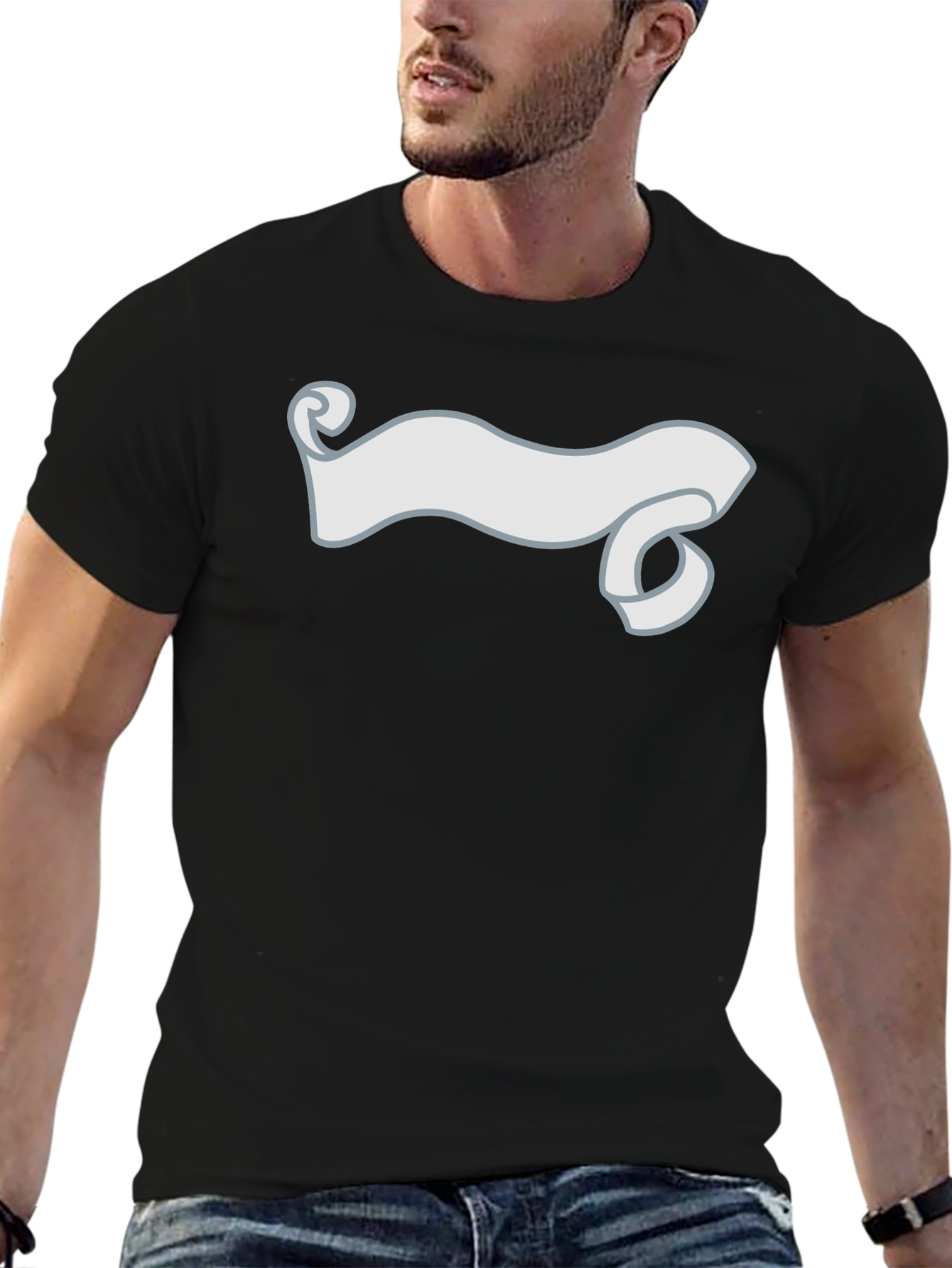 Black T-Shirt with Cartoon Ribbon Graphic