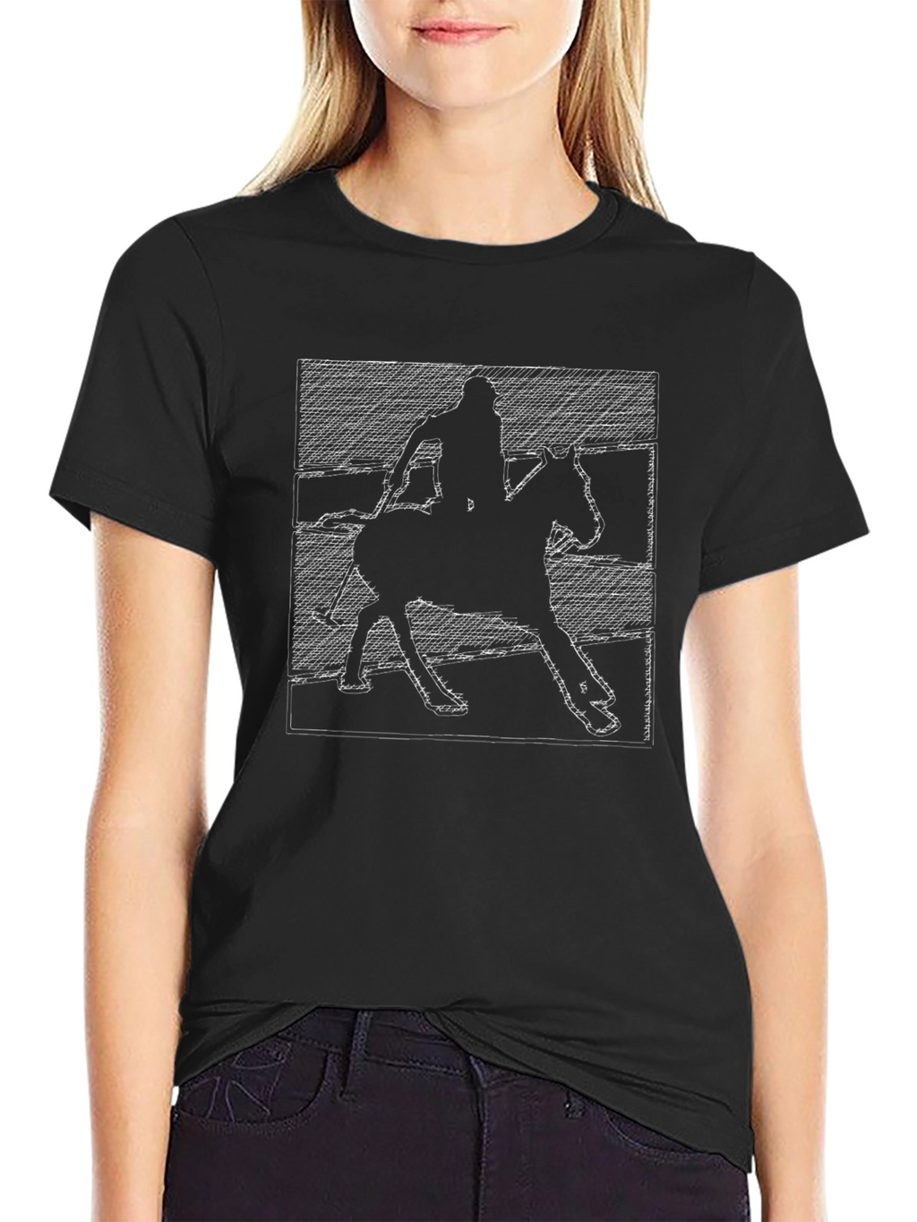 Equestrian Sketch Graphic Tee - Black Cotton Casual