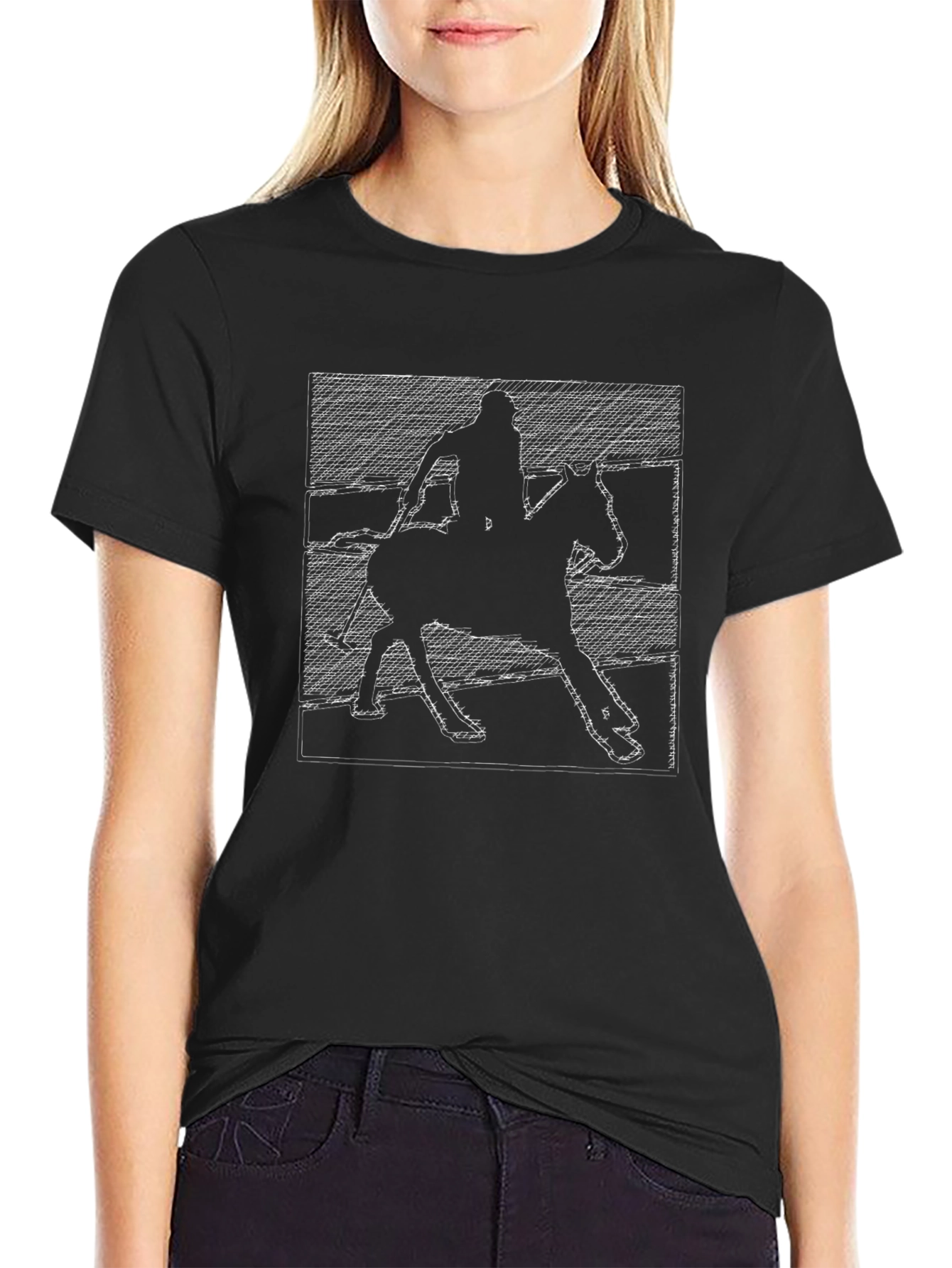 Equestrian Sketch Graphic Tee - Black Cotton Casual