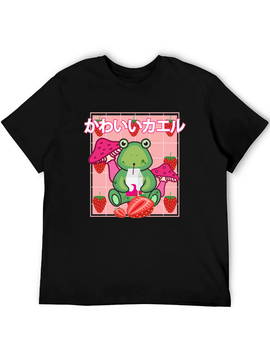 Kawaii Frog Strawberry Black T-Shirt