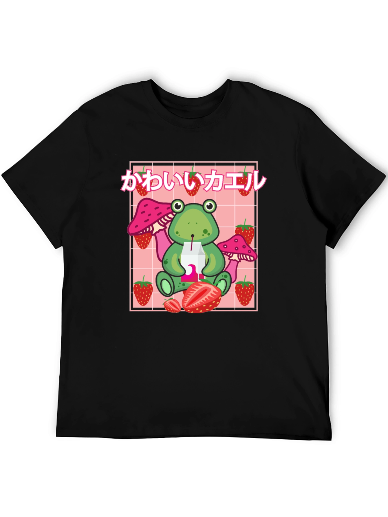 Kawaii Frog Strawberry Black T-Shirt