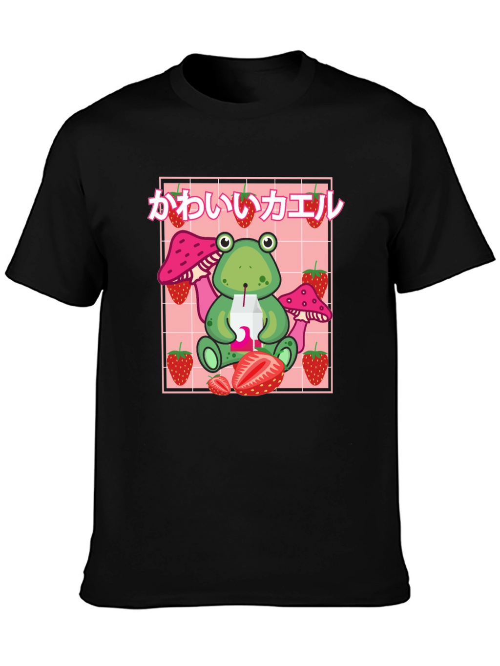 Kawaii Frog Strawberry Black T-Shirt
