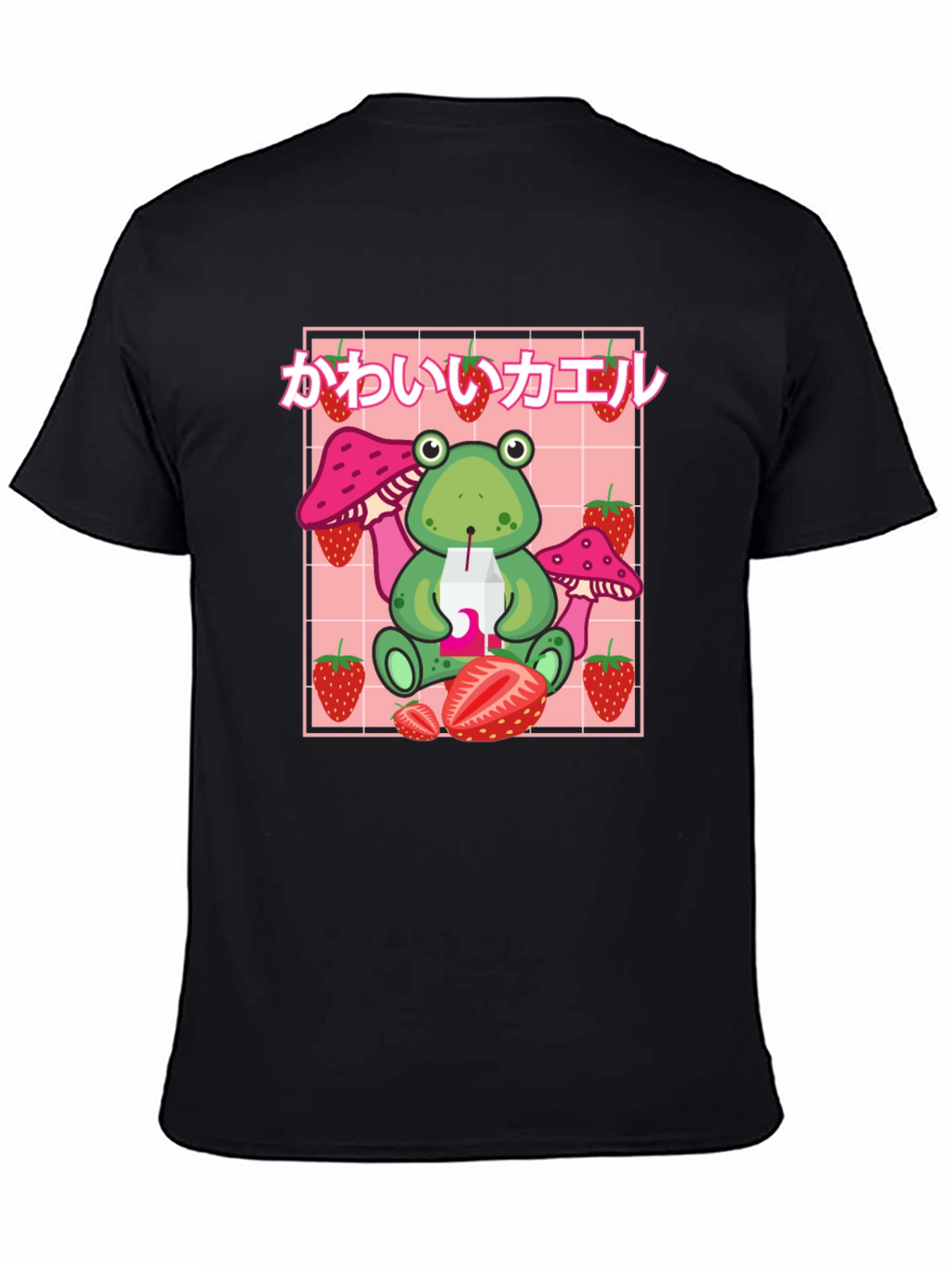 Kawaii Frog Strawberry Black T-Shirt