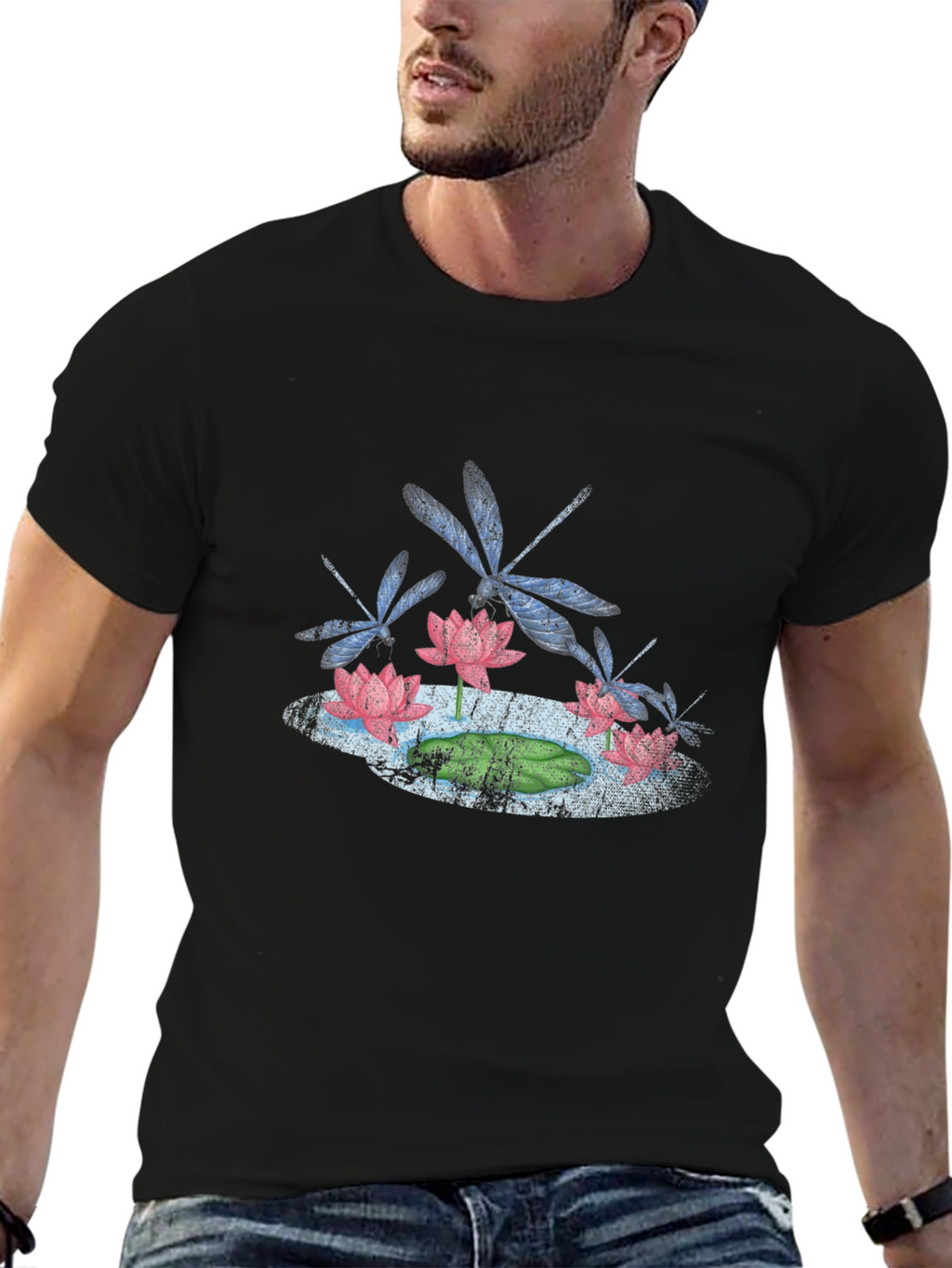 Lotus & Dragonfly Graphic T-Shirt - Stylish Black Tee
