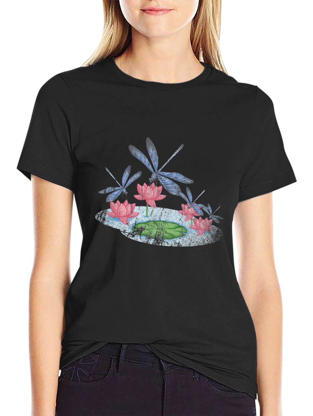 Lotus & Dragonfly Graphic T-Shirt - Stylish Black Tee