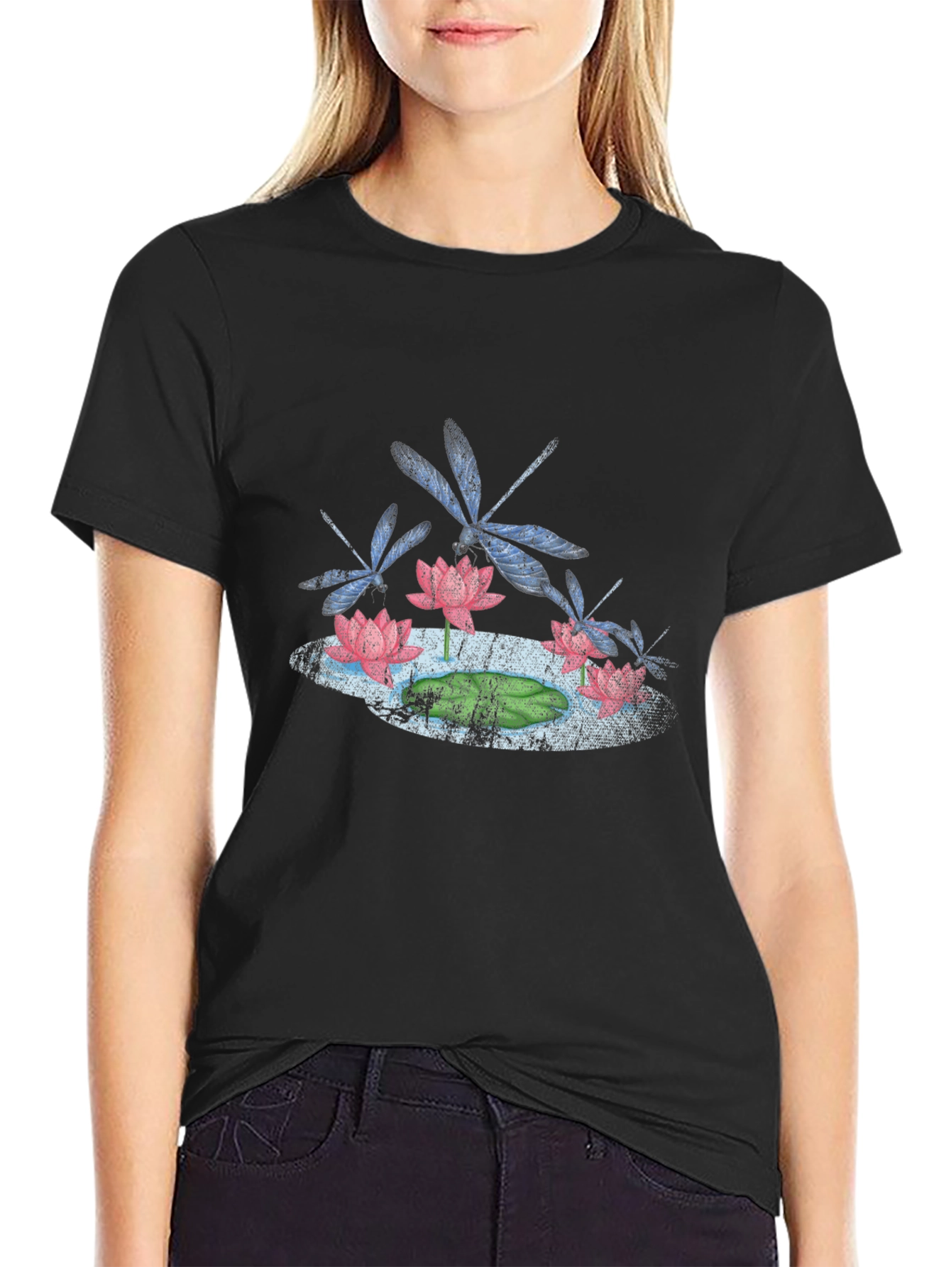 Lotus & Dragonfly Graphic T-Shirt - Stylish Black Tee