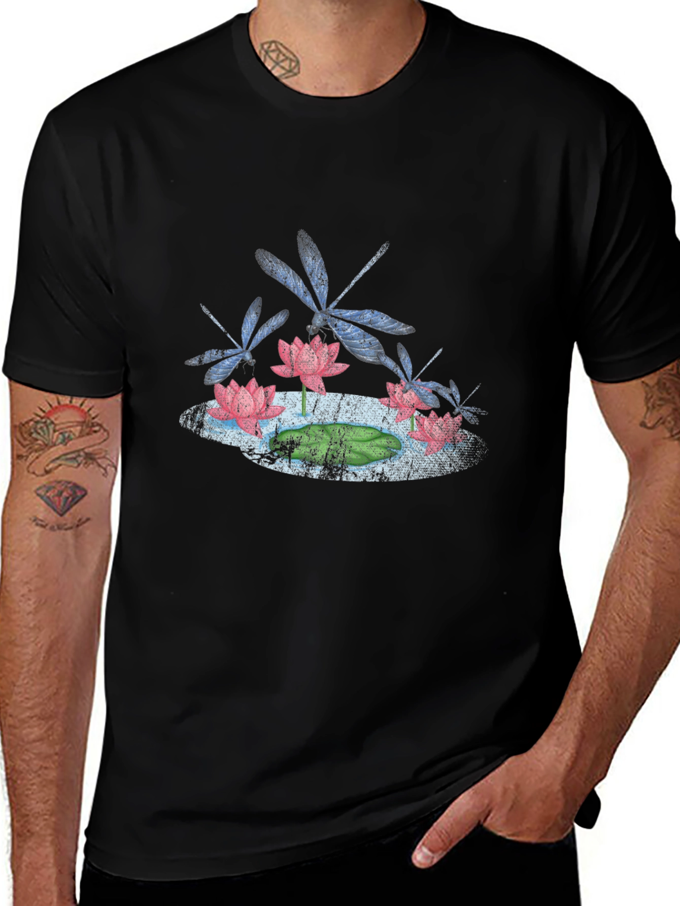 Lotus & Dragonfly Graphic T-Shirt - Stylish Black Tee