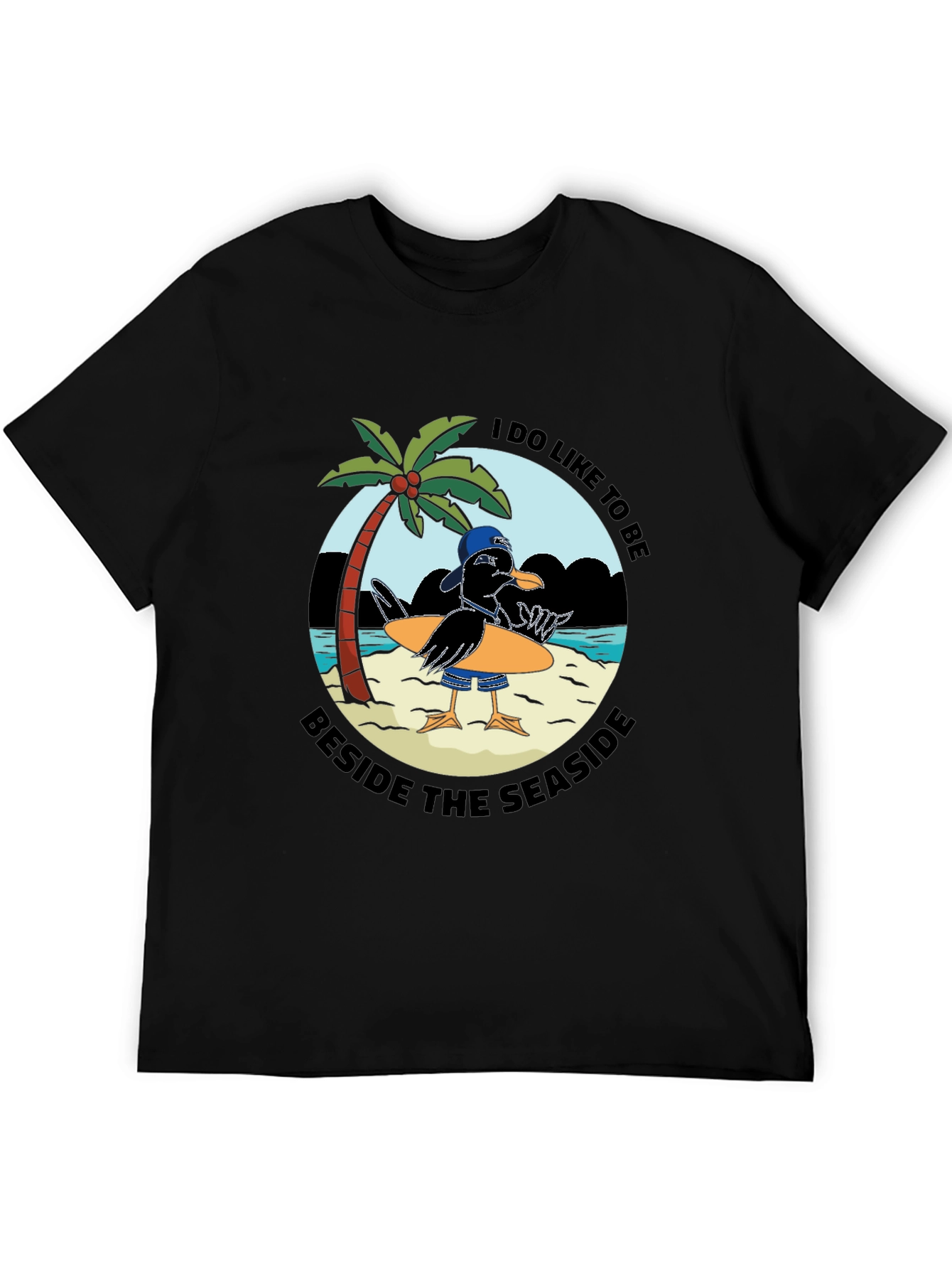 Seaside Seagull Graphic Tee - Black Cotton T-Shirt