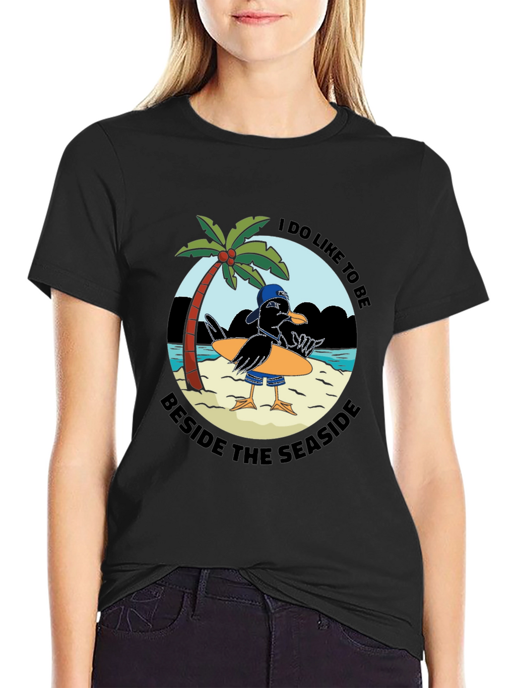 Seaside Seagull Graphic Tee - Black Cotton T-Shirt