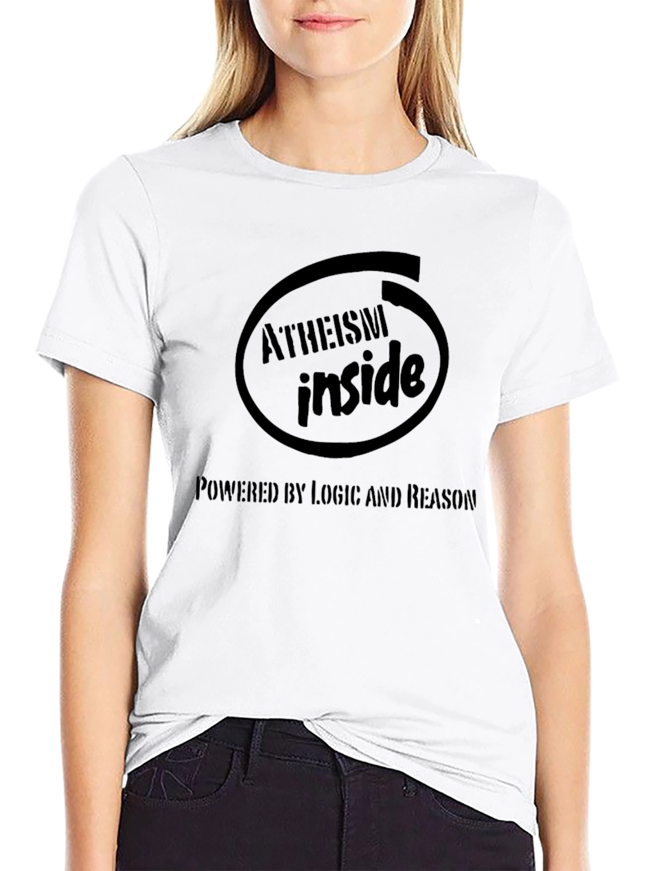 Atheism Inside Black T-Shirt Powered by Logic & Reason