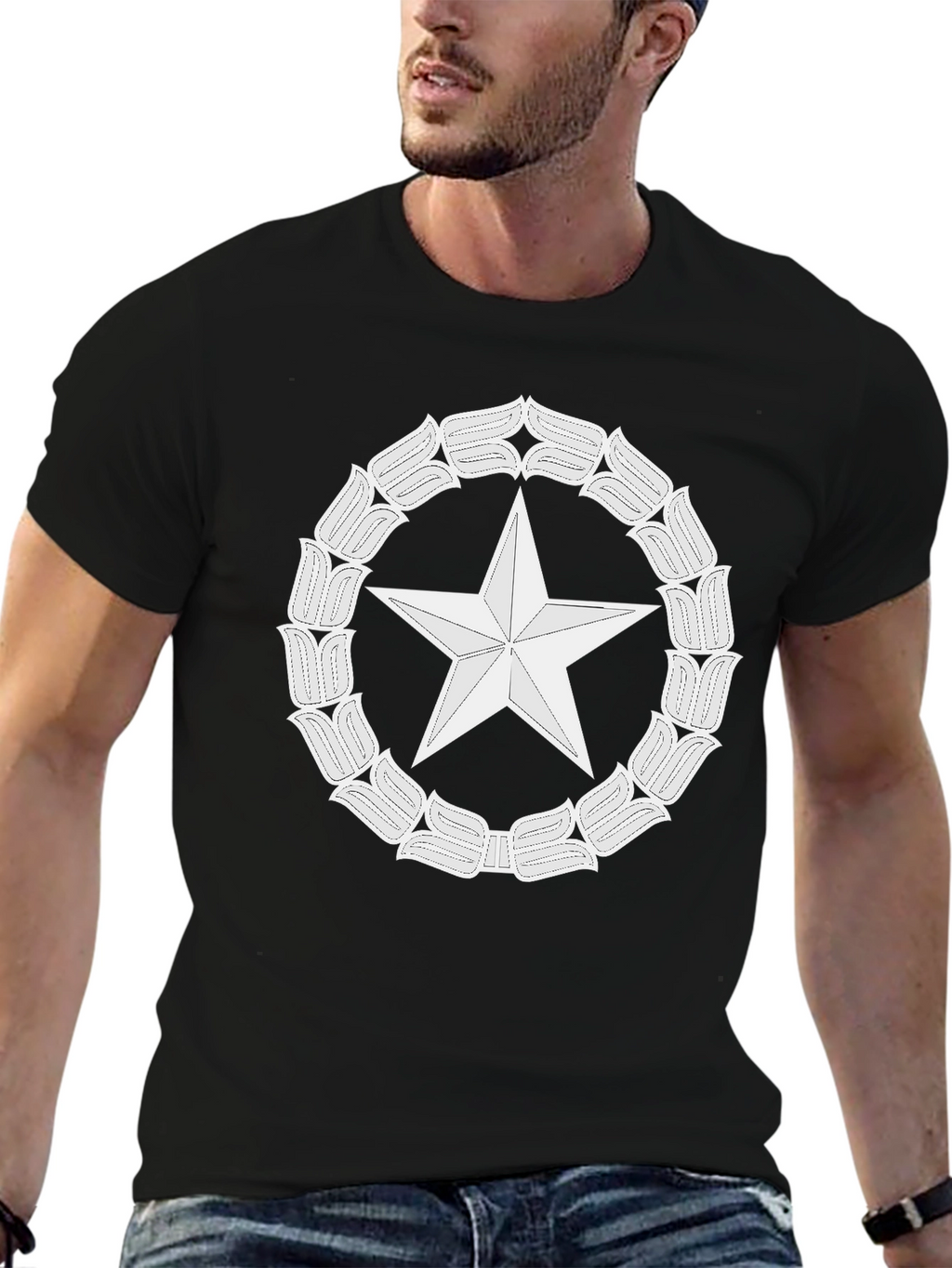 Star & Floral Wreath Graphic Tee - Black