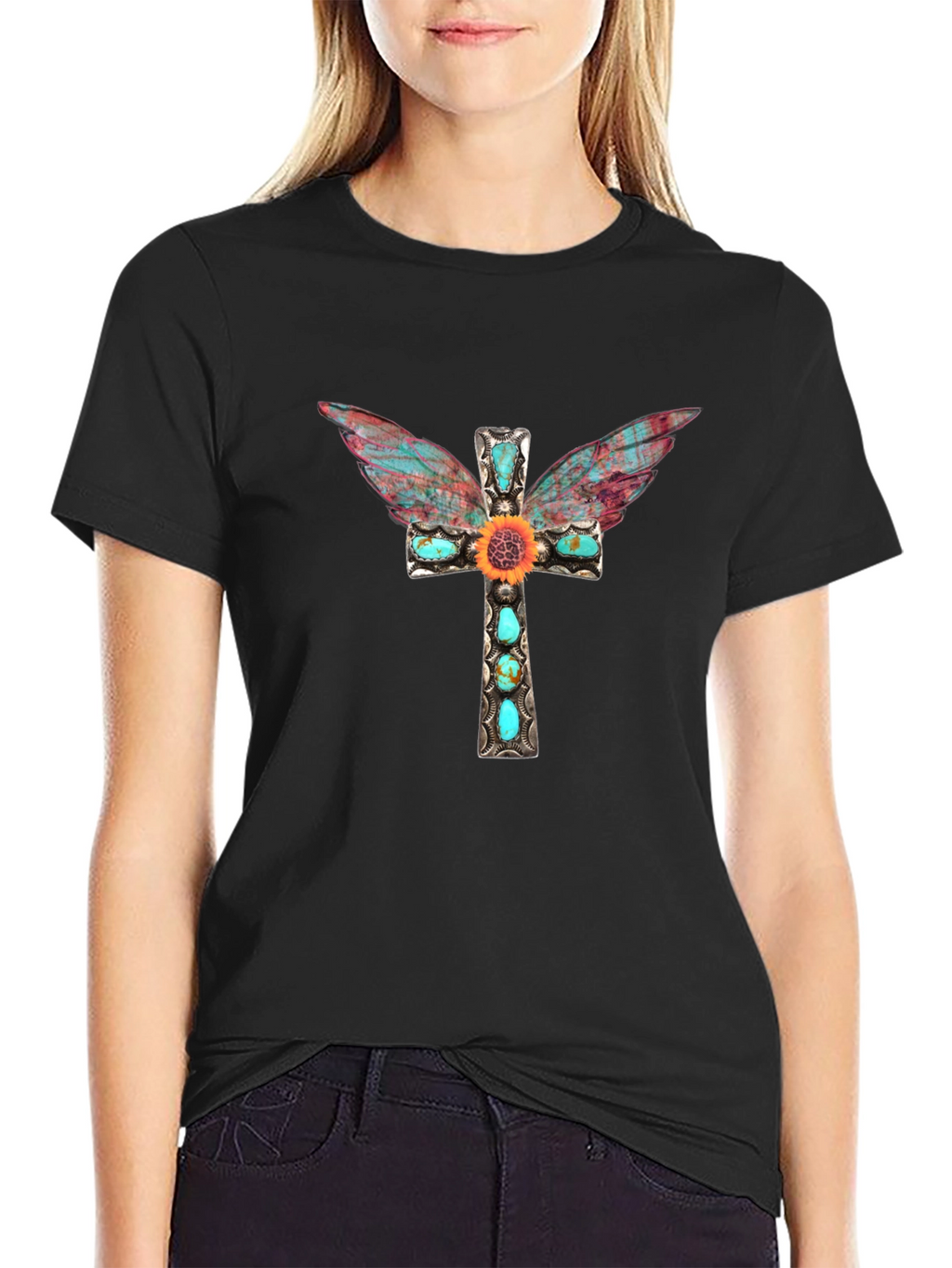 Cross Wings Graphic Tee - Black Cotton Blend Shirt