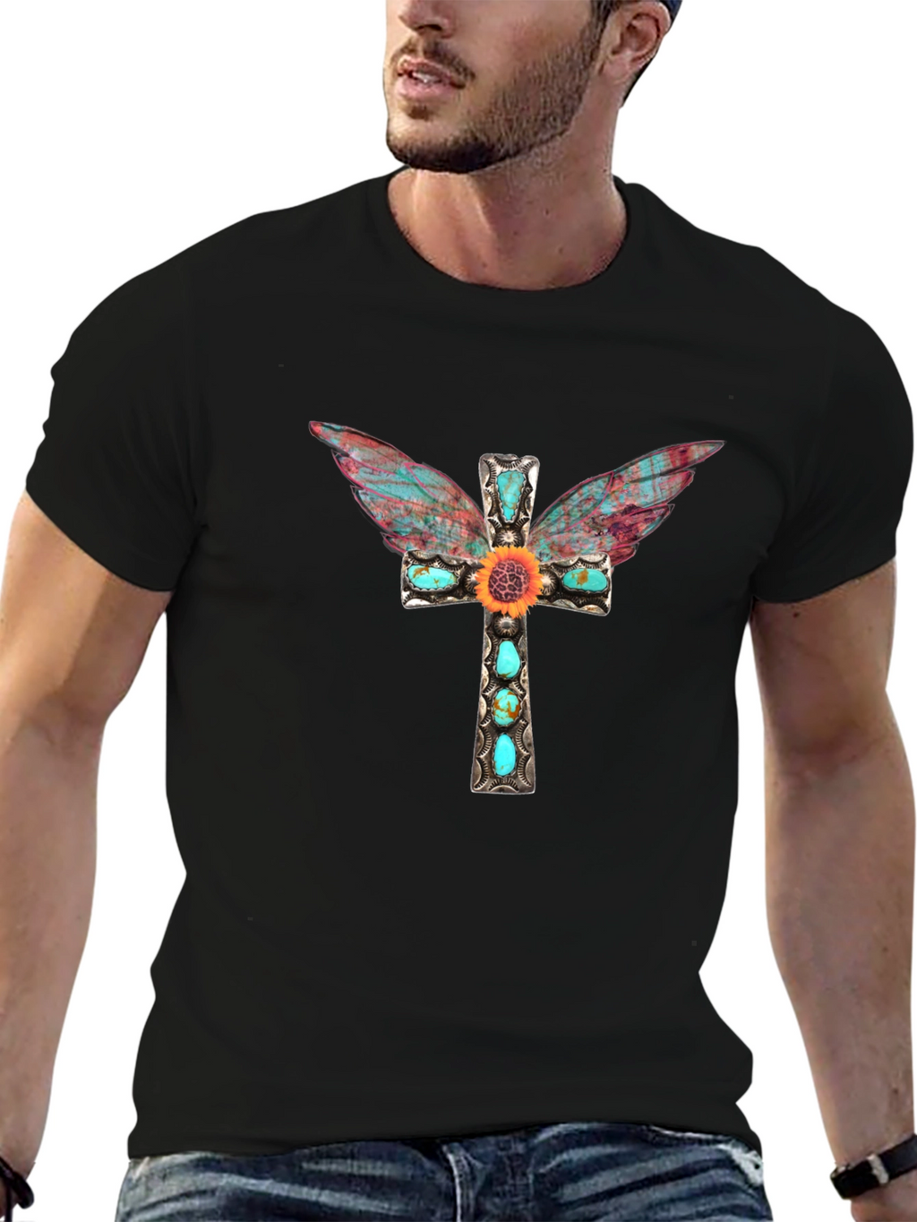 Cross Wings Graphic Tee - Black Cotton Blend Shirt
