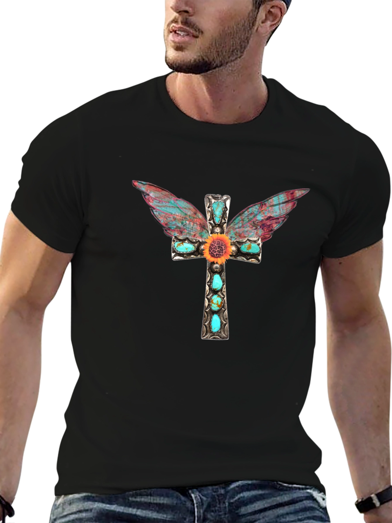 Cross Wings Graphic Tee - Black Cotton Blend Shirt