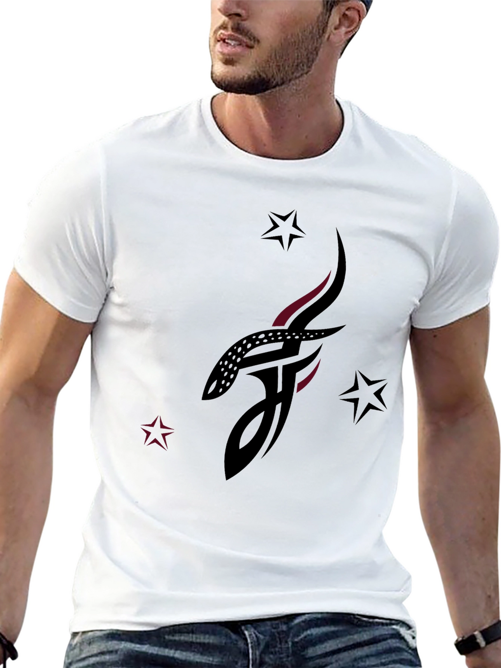 Stylish Black Graphic Tee with Abstract Tattoo Design