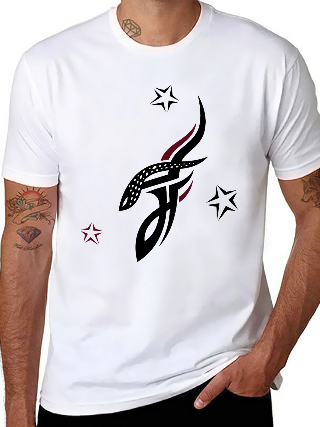 Stylish Black Graphic Tee with Abstract Tattoo Design