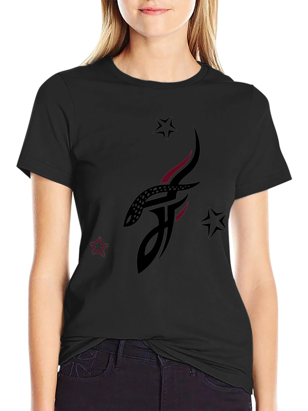 Stylish Black Graphic Tee with Abstract Tattoo Design