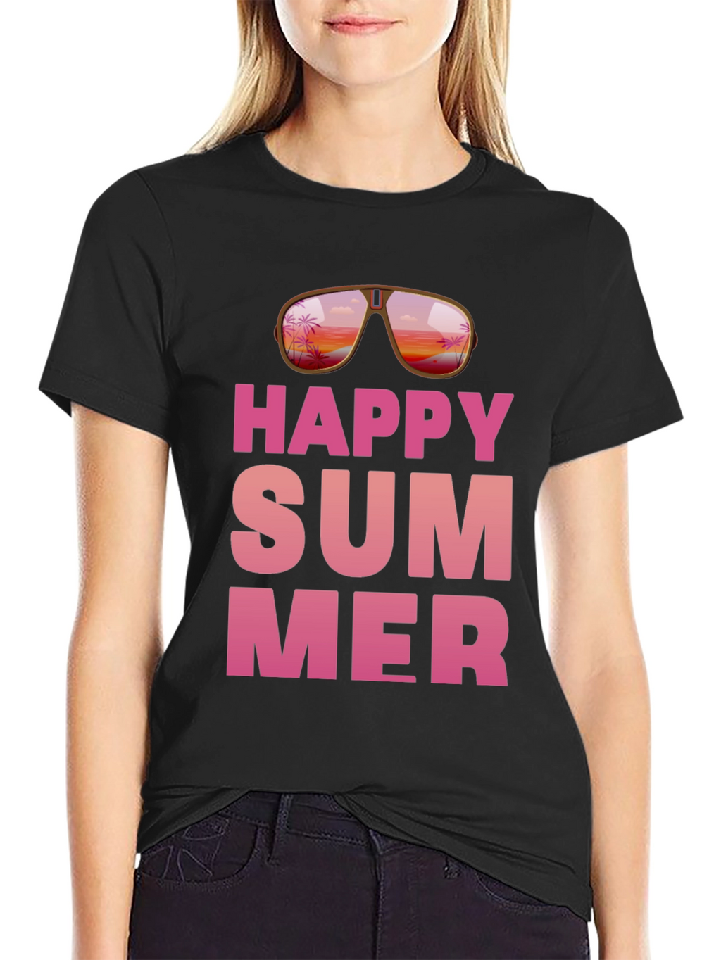Happy Summer Graphic Print Black T-Shirt
