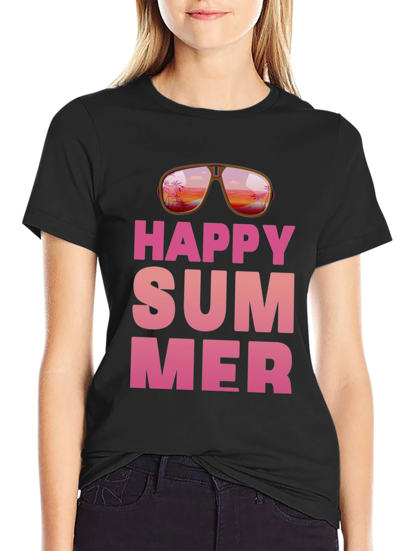 Happy Summer Graphic Print Black T-Shirt