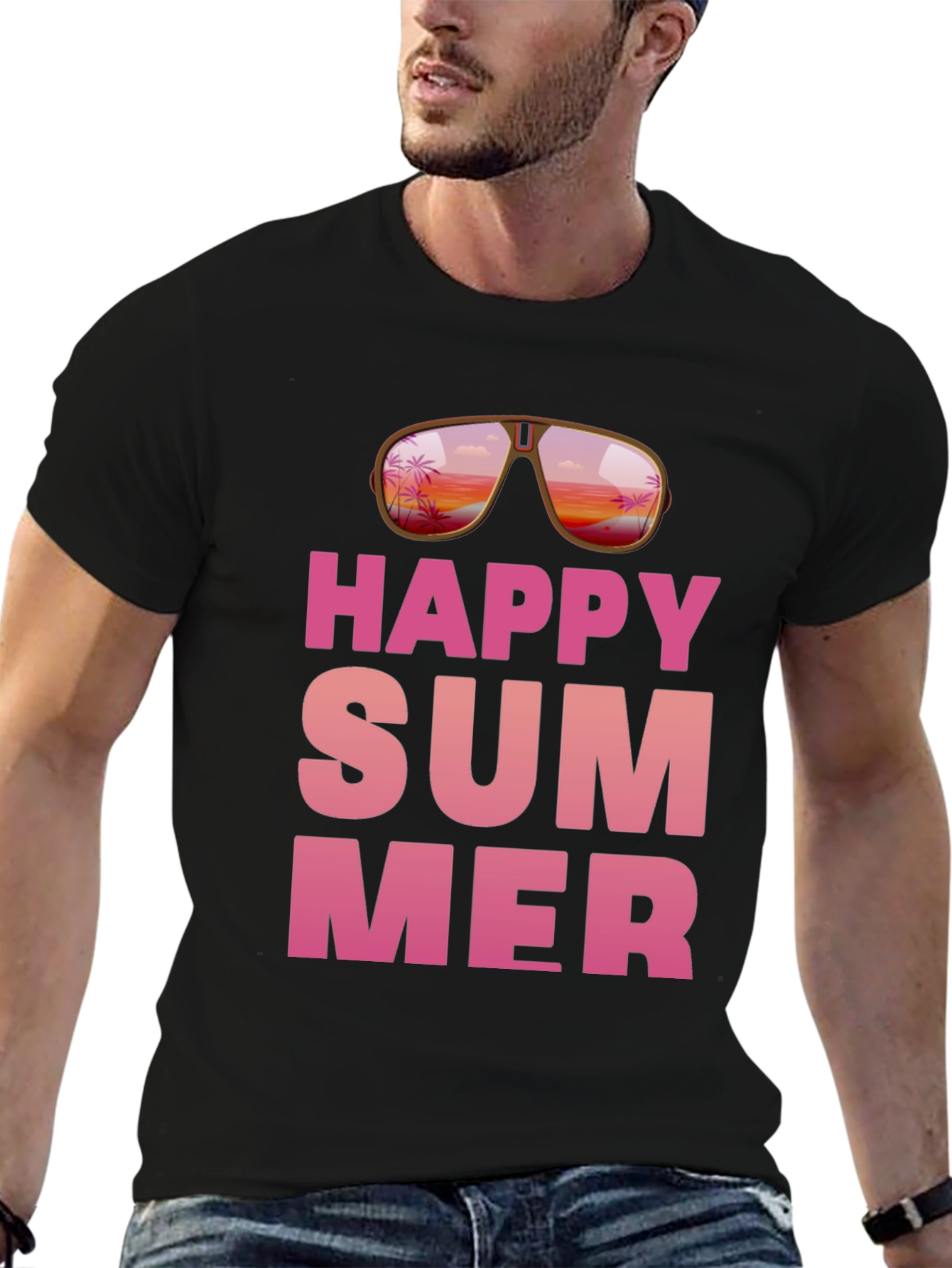 Happy Summer Graphic Print Black T-Shirt
